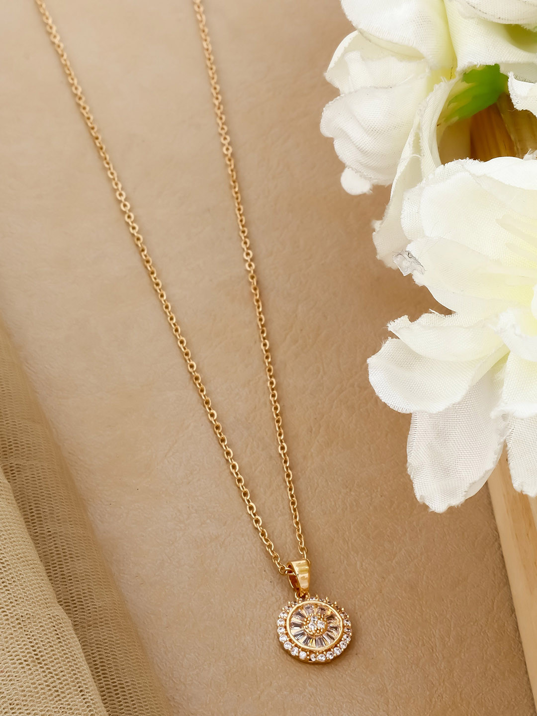 QUERALT Brass Pave Stone Studded Halo Pendant Necklace