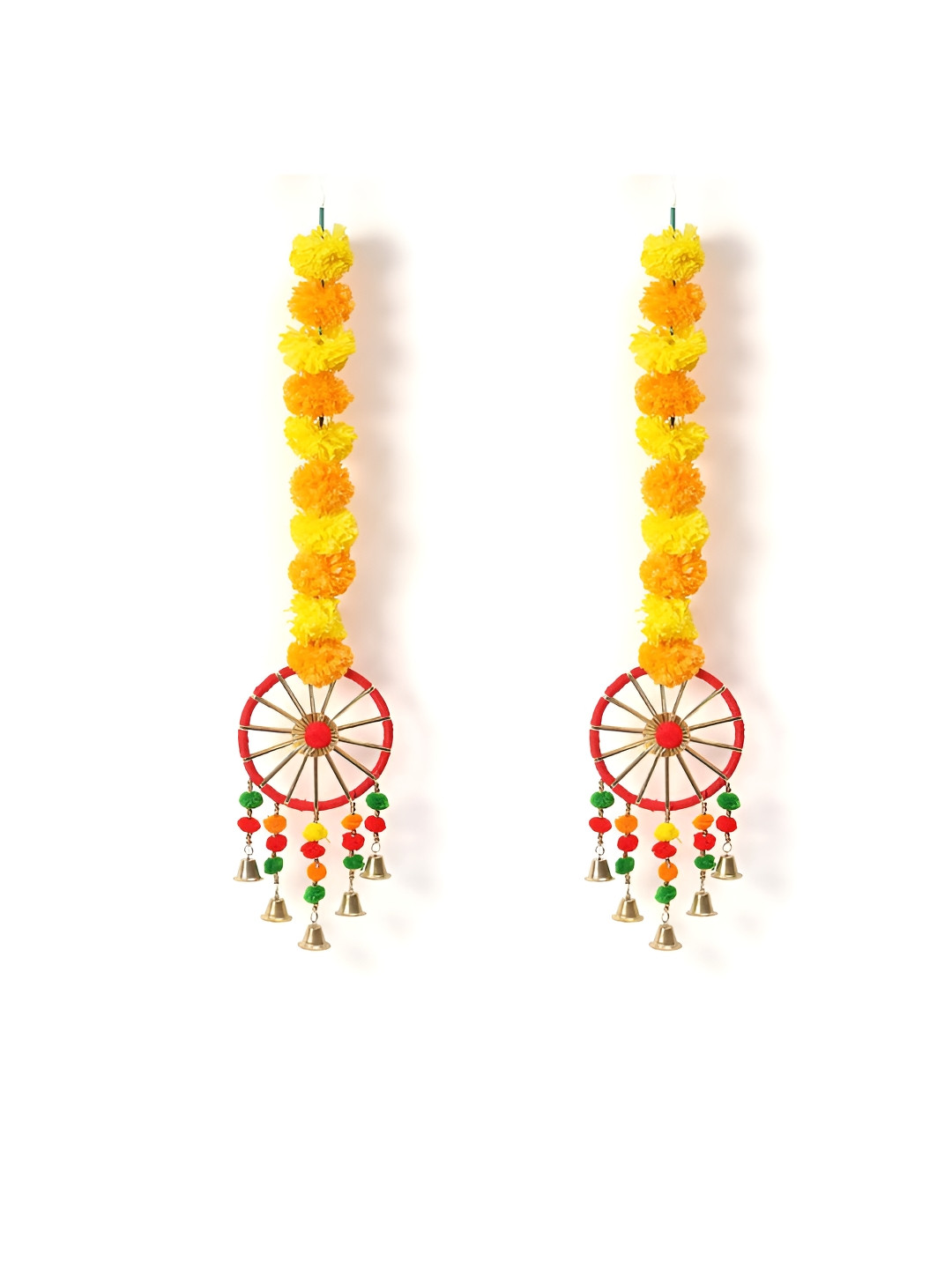 DULI 2 Pieces Red & Yellow Toran With Flowers & Beads Traditional Wooden Door Hangings