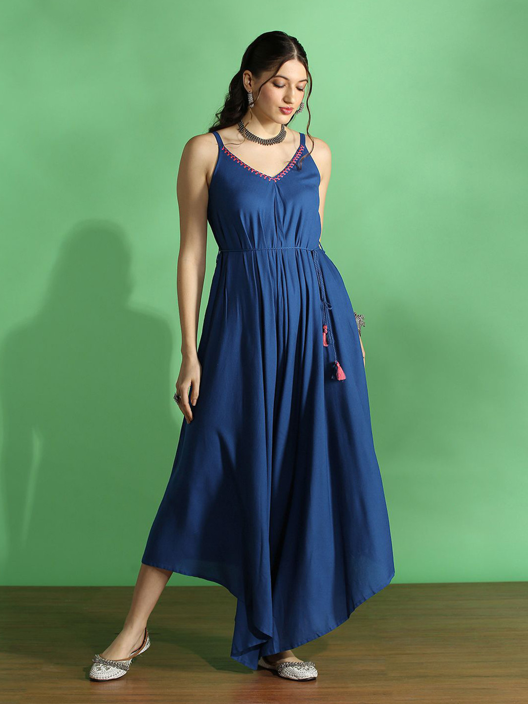 Globus Basic Women Shoulder Straps Waist Tie-Up Flared Hem Fusion Jumpsuit