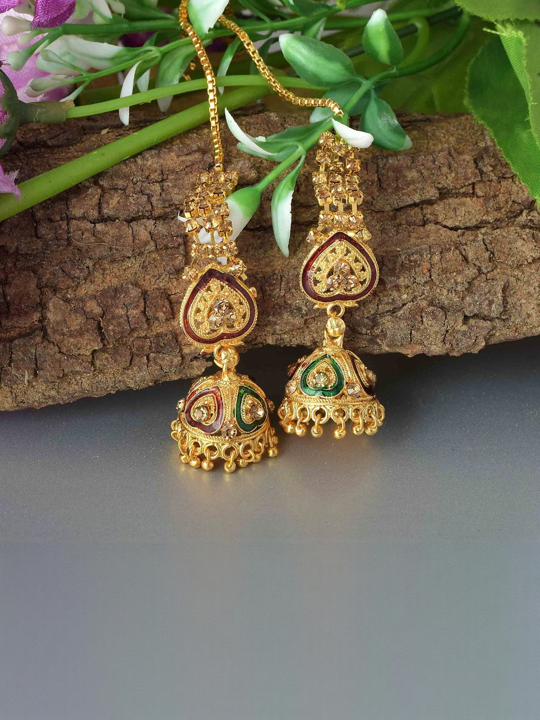 Brass Goldplated Heartshape Meenakari Kan Chain Earwire Long Jhumki Women