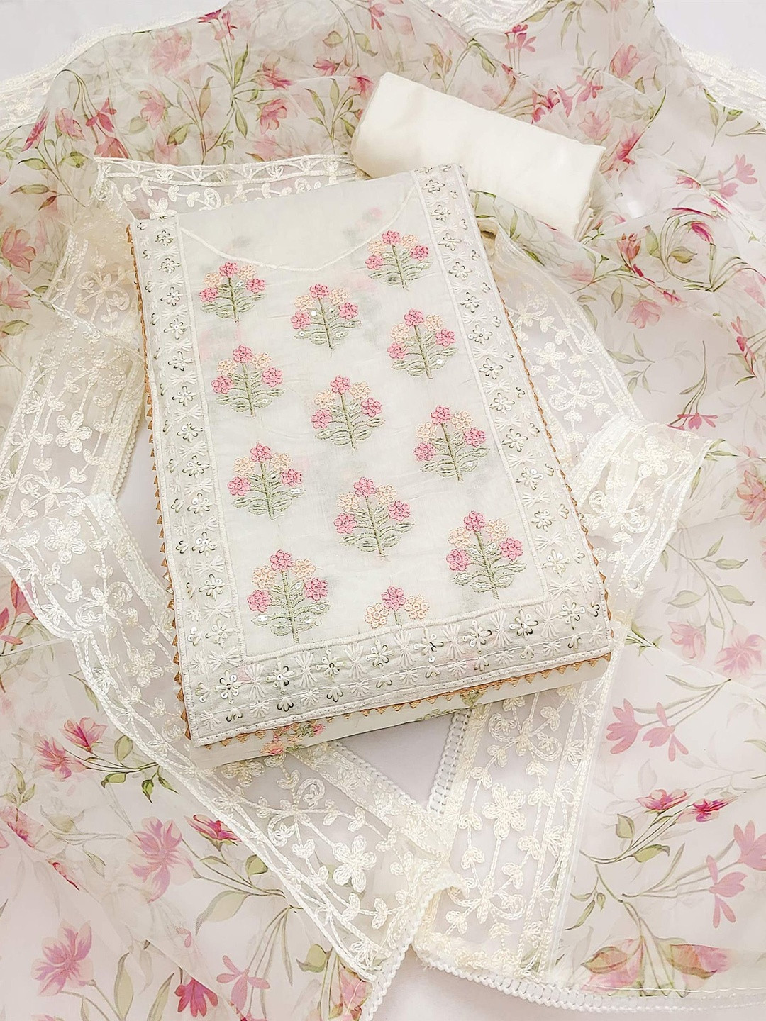 Off White Floral Embroidery and Printed Unstitched Chanderi Silk Dress Material