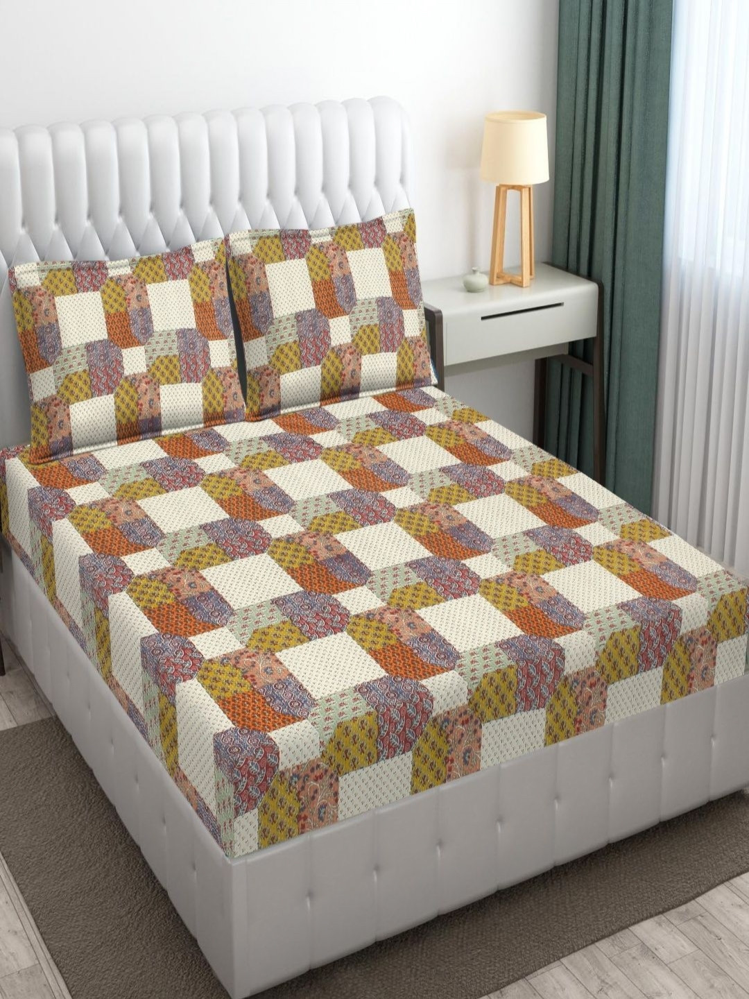 INDRA'S Mustard & Off White Geometric Printed 120 TC Queen Bedsheet With 2 Pillow Covers