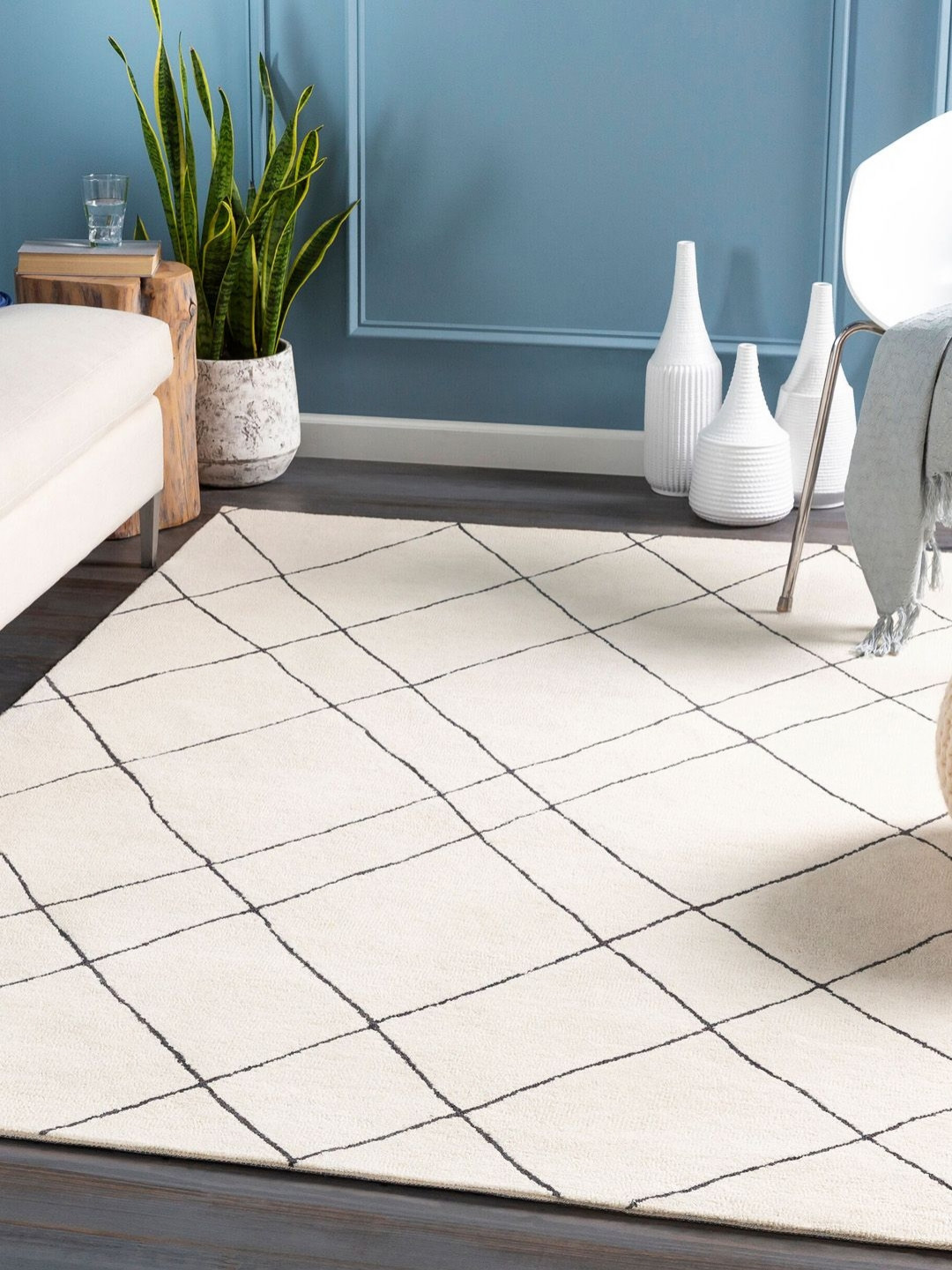 Surya Living Cream & Black Geometric Printed Anti-Skid Woollen Carpet