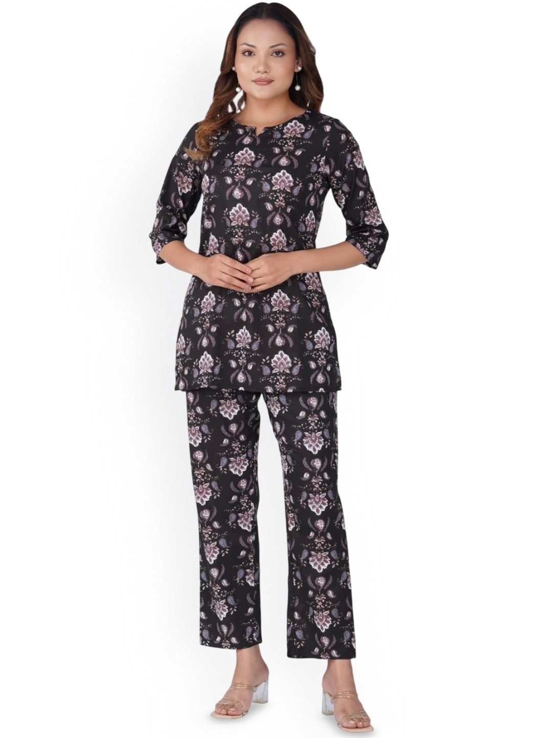 30 Looks Black Printed Cotton Round Neck Tunic With Trousers Co-Ords Set