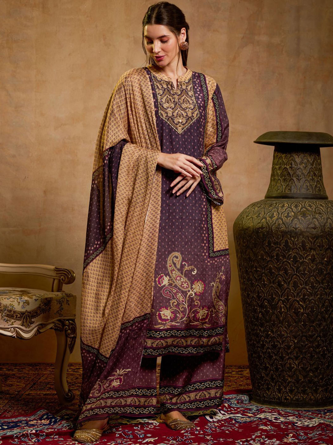 THE BARI Women Ethnic Motifs Printed Beads and Stones Kurta with Trousers & Dupatta