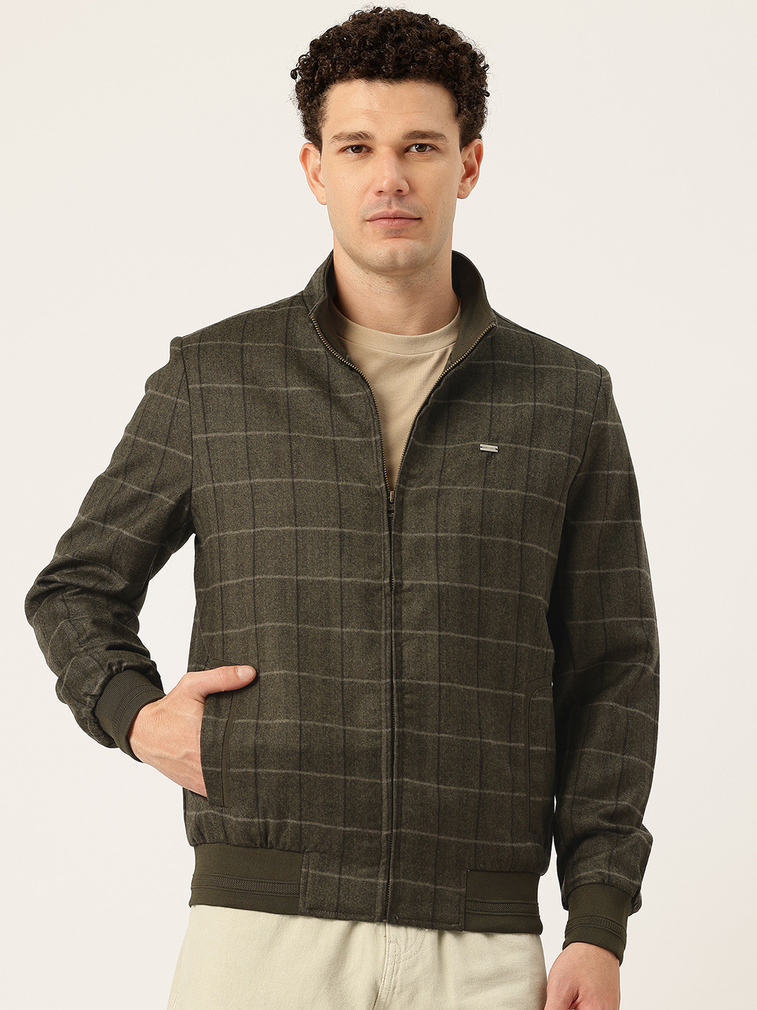Monte Carlo Windowpane Checks Mock Collar Wool Bomber Jacket