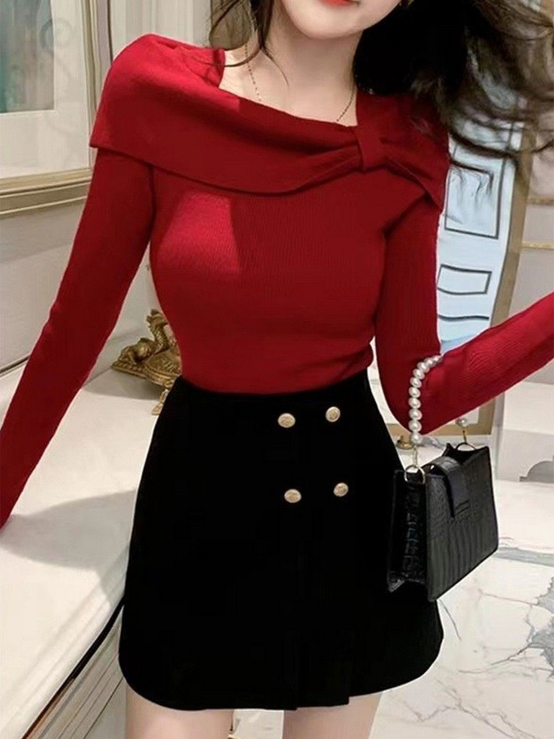 StyleCast Women Ribbed Square Neck Long Sleeves Top