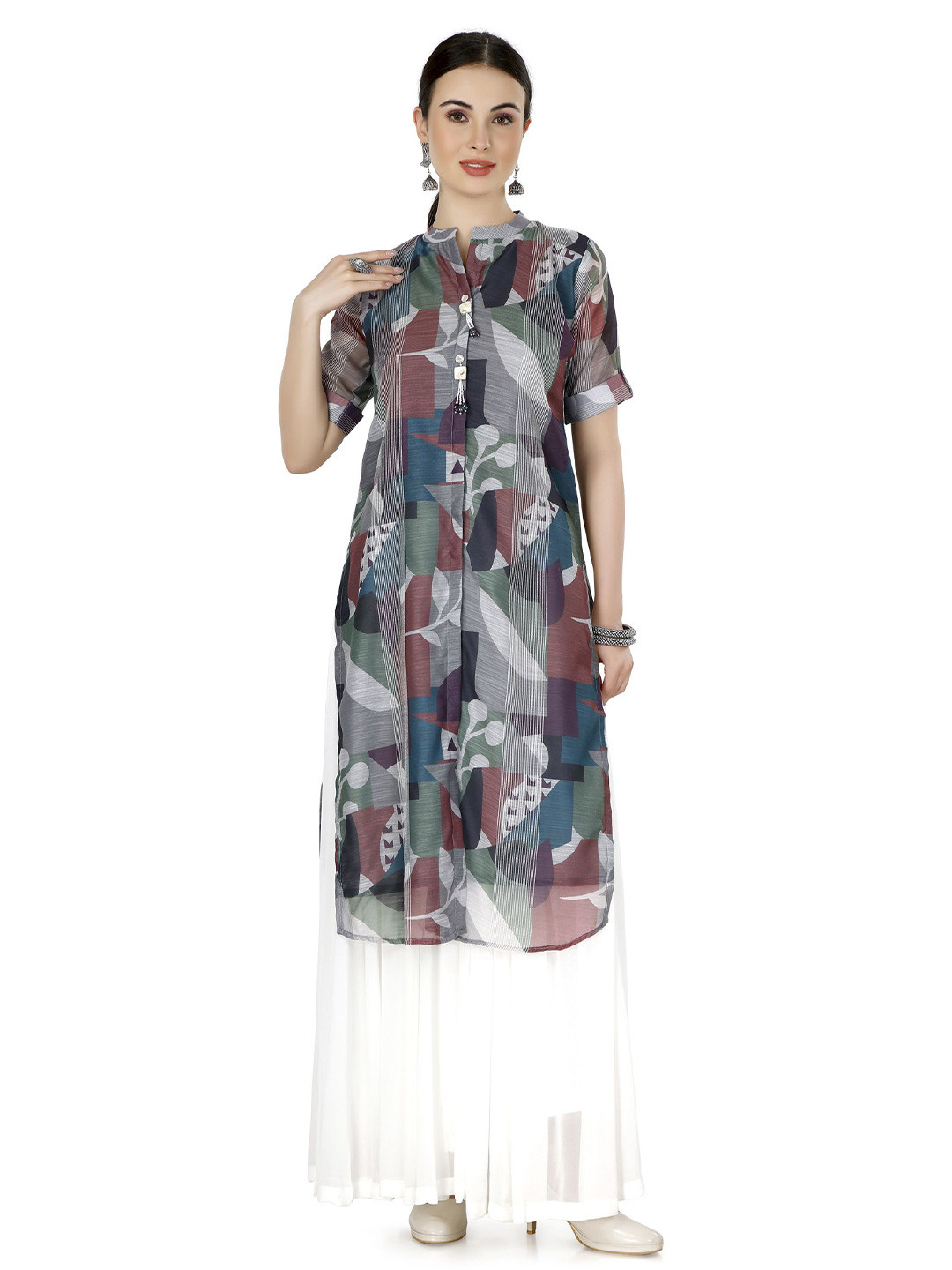 IRIS WOMEN Geometric Printed Chanderi Silk Straight Kurta