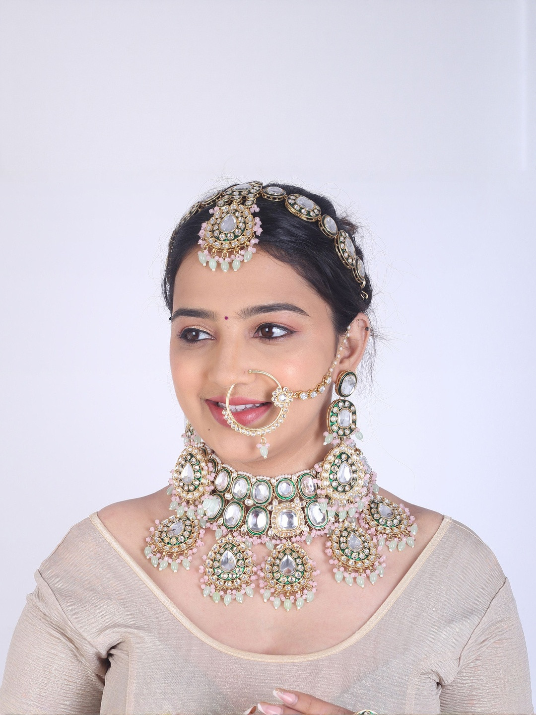 SAMC Women Pink Alloy Kundan Bridal Necklace Earring Matha Patti & Nose Pin Set