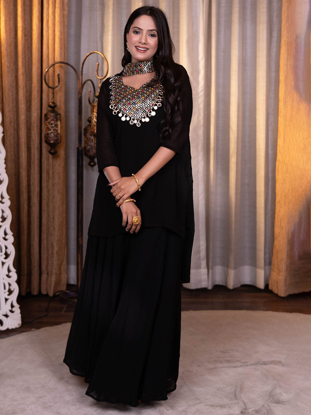 ADORNIA Yoke Design Sweetheart Neck Mirror Work Georgette Kurti with Palazzos & Dupatta