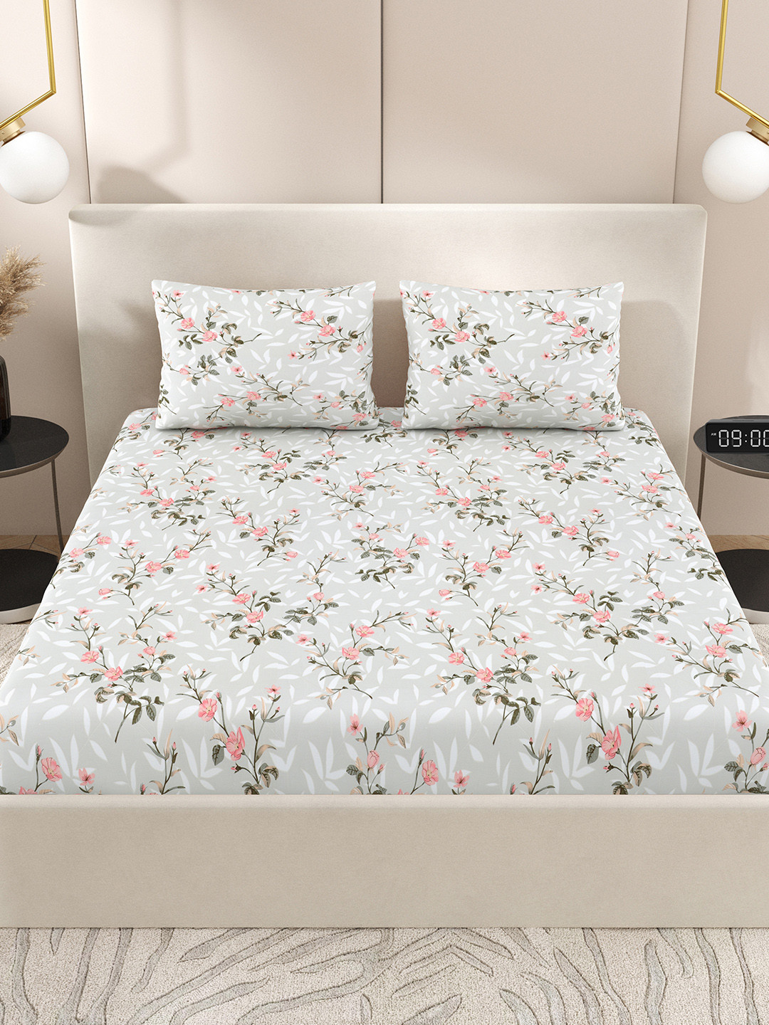 Jaipur Weaves 240 TC Floral King Fitted Bedsheet with 2 Pillow Covers 72 x 78 inches