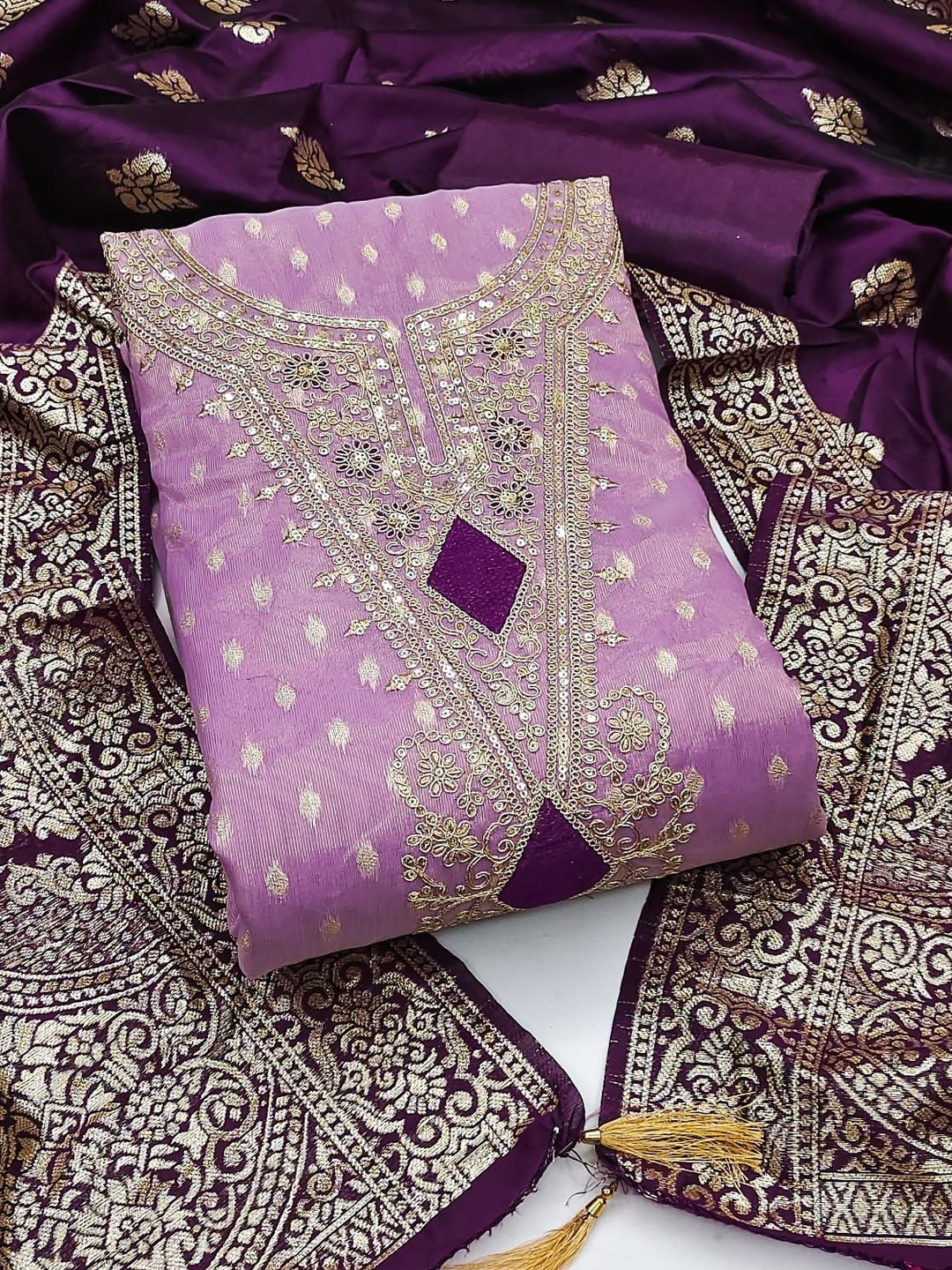 Lavender Simmer Silk Jacquard With Embroidery Work Unstitched Dress Material