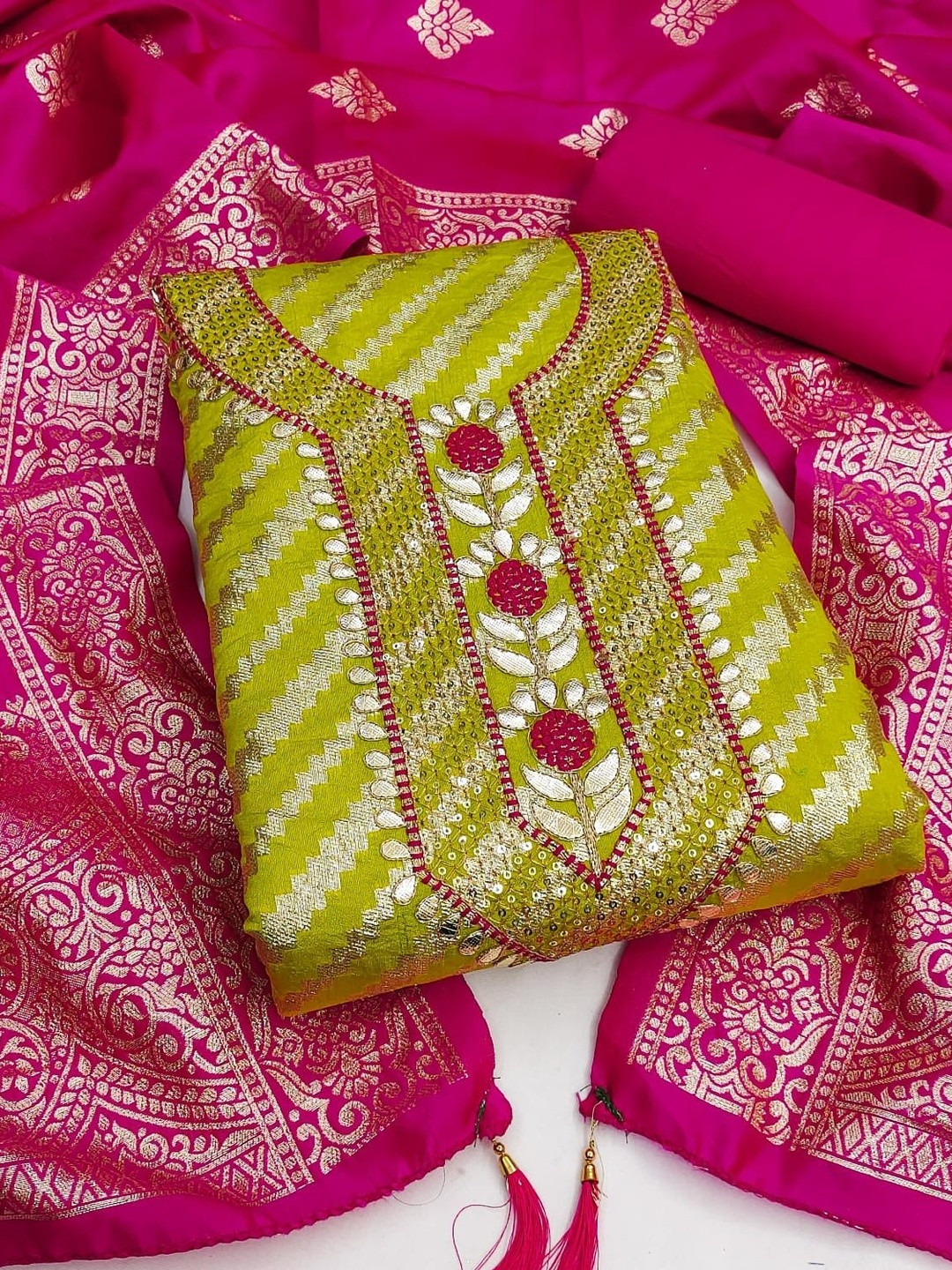 Lime Green Banarasi Jacquard With Gota Patti Work Unstitched Dress Material