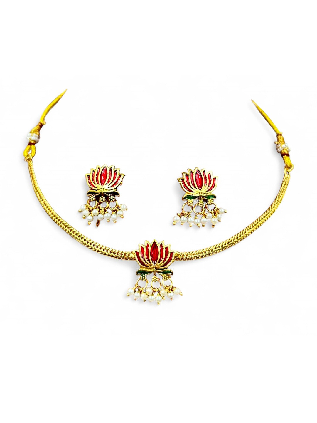 ANTIQUE JEWELLERY Gold Plated Lotus Design Necklace & Earrings