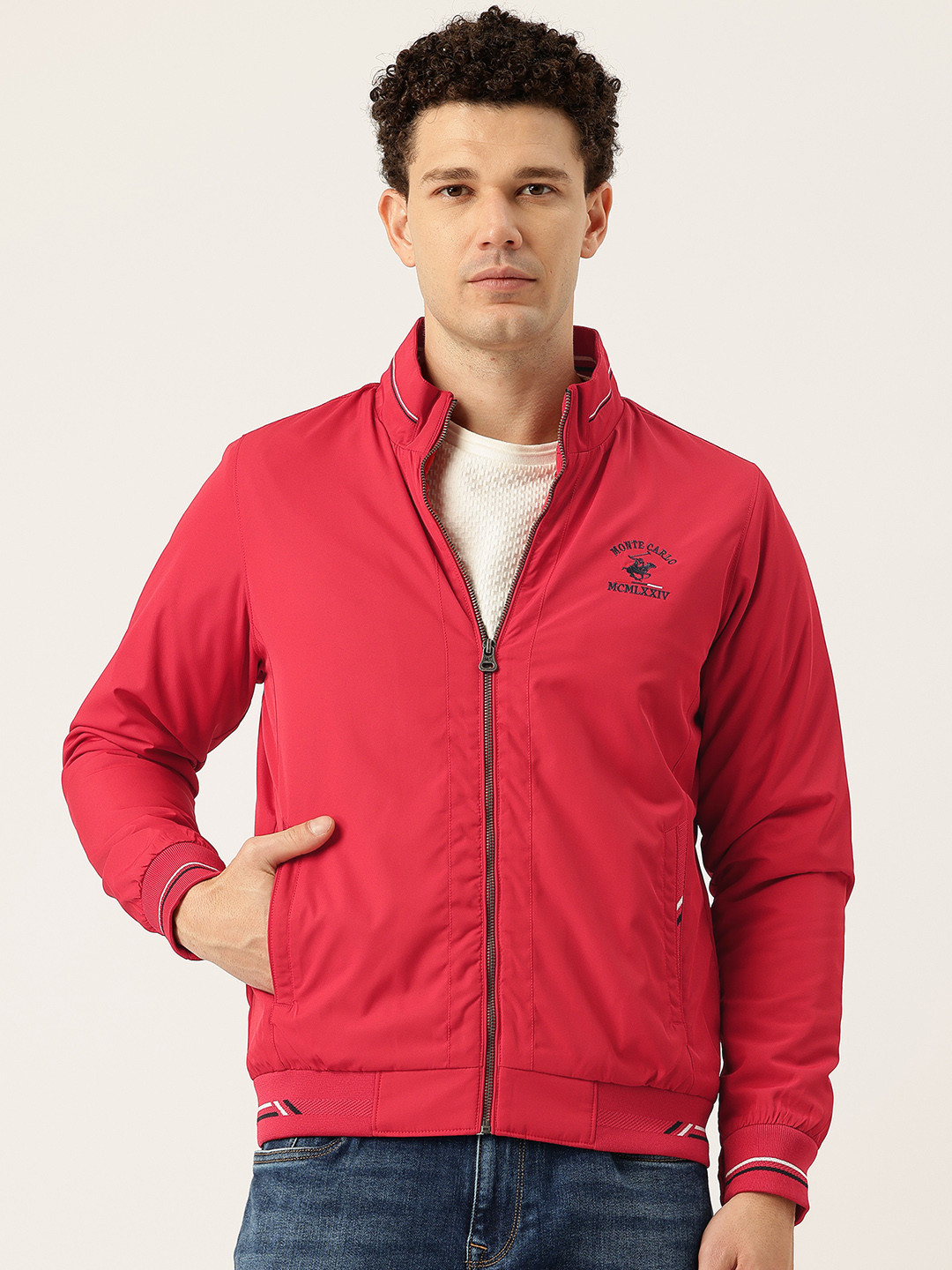 Monte Carlo Embroidered Detail Mock Collar Bomber Jacket