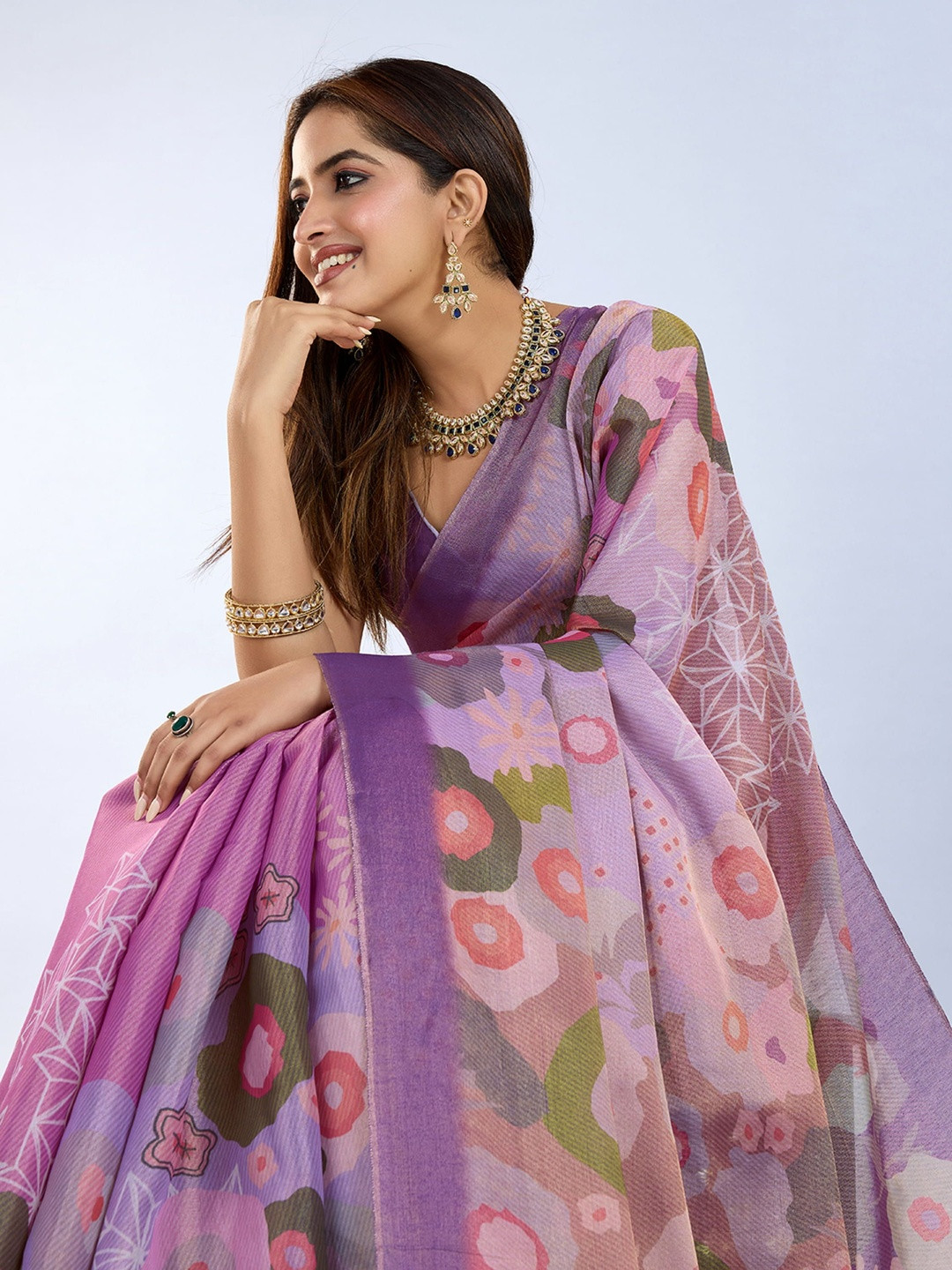 Mitera Floral Printed Zari Work Block Print Saree With Blouse