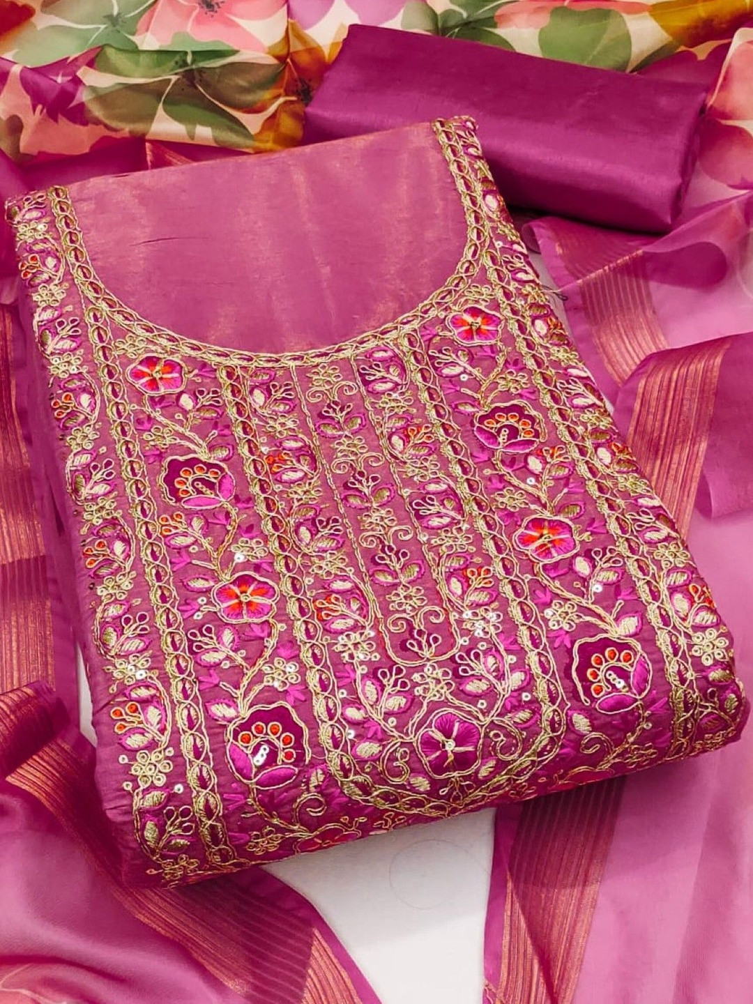 Pink Chanderi Sequence Embroidery Work Unstitched Dress Material