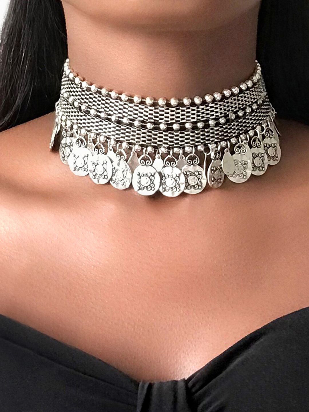 Peora Silver-Plated Oxidised Tribal Coin Choker Statement Necklace