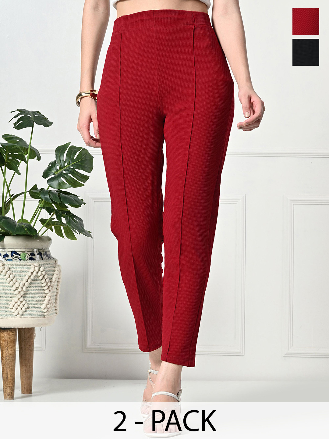 Brainbees Women Pack Of 2 Textured Smart Skinny Fit High-Rise Regular Trousers