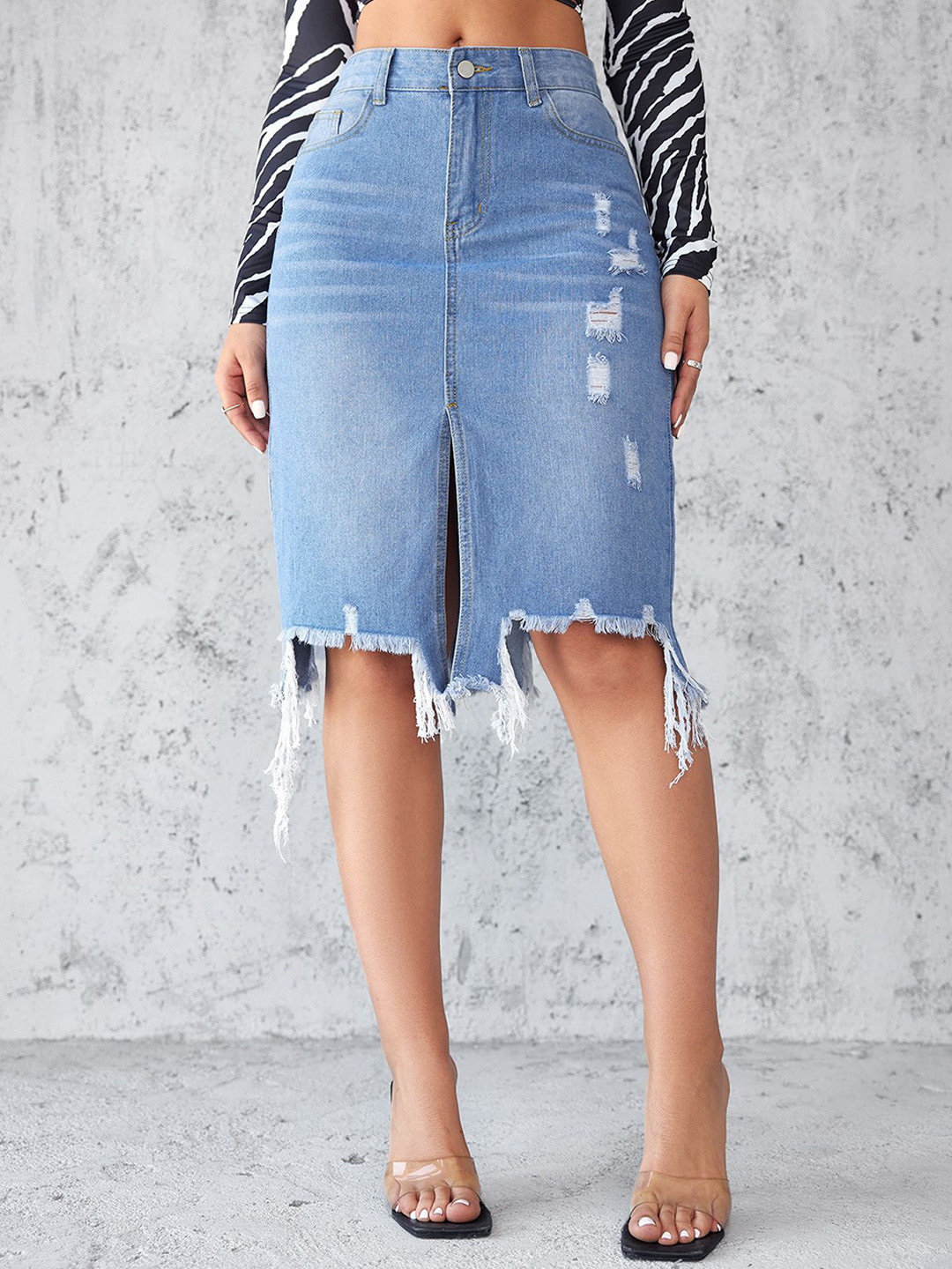 StyleCast Women High-Rise Ripped Asymmetrical Hem Straight Skirt