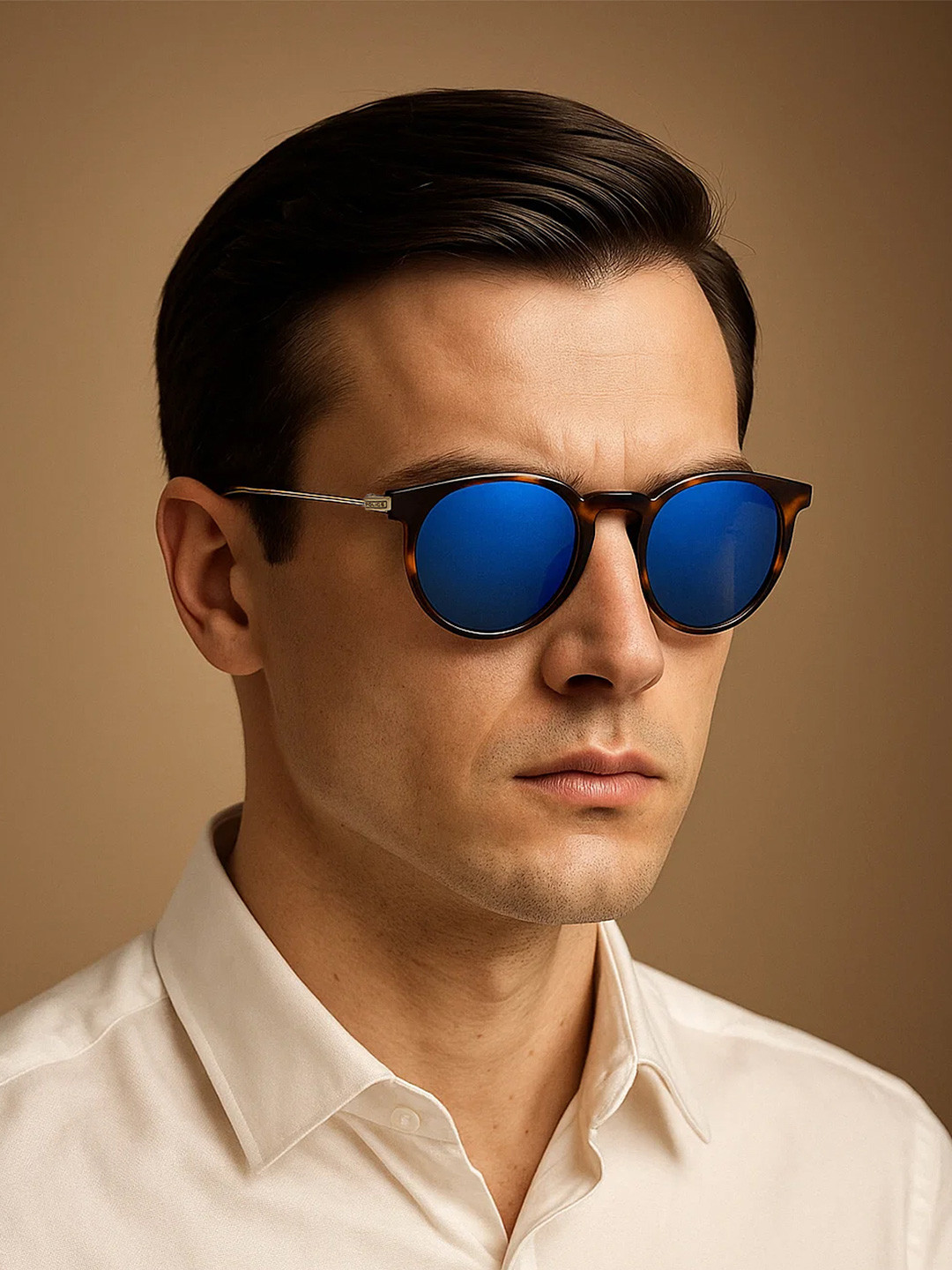 Police Men Blue Lens & Brown Round Sunglasses with Polarised Lens SPL571K501GZBSG