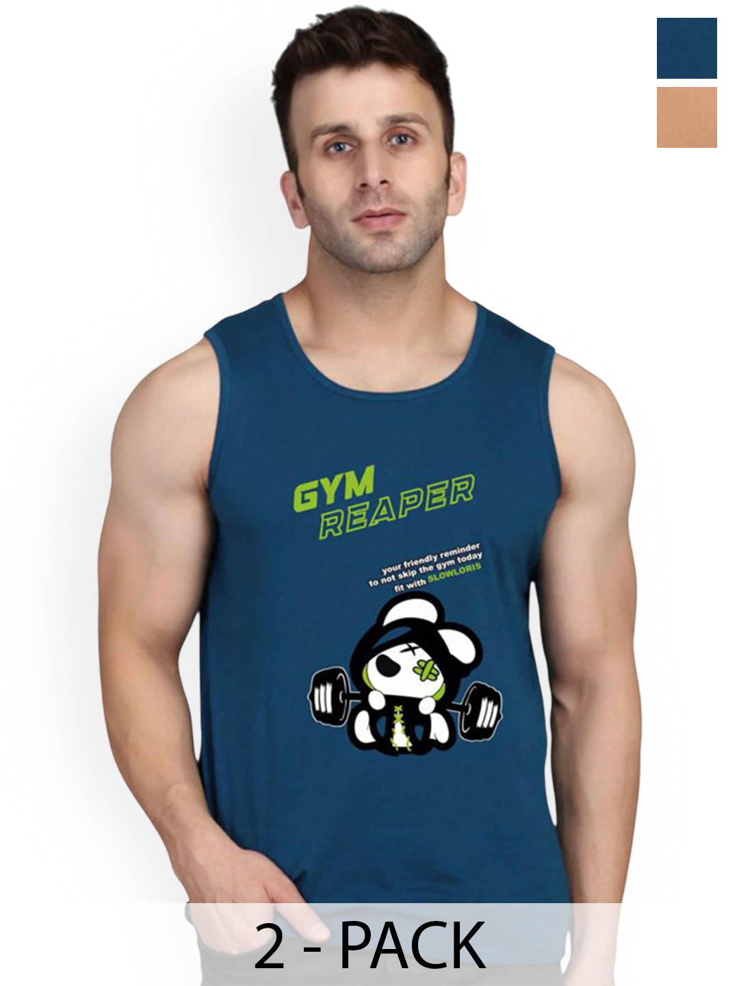 Slowloris Men Pack of 2 Blue & Beige Printed Cotton Fabric Inner vest