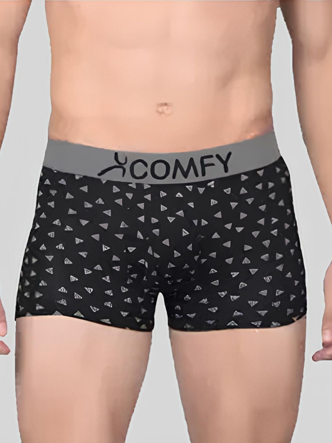 AMUL COMFY Men Pack Of 3 Black Grey & Blue Printed Mid Rise Cotton Trunks