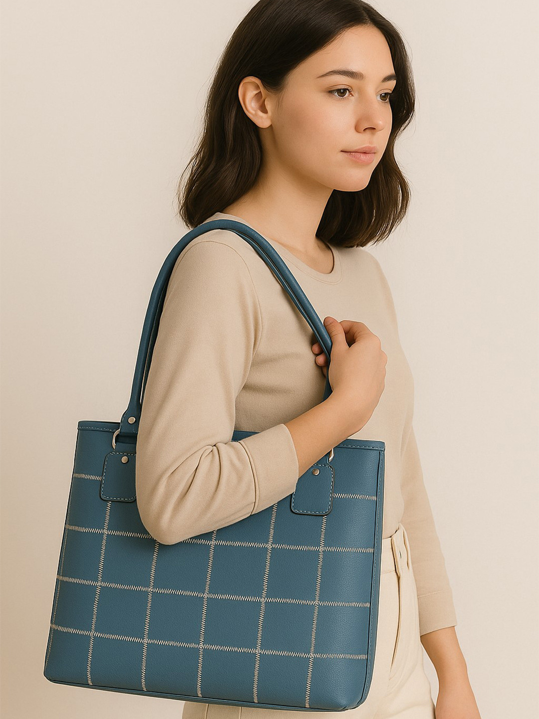 Celtic Blue Checked Leather Structured Tote Bag Zip Closure with Tablet Sleeve