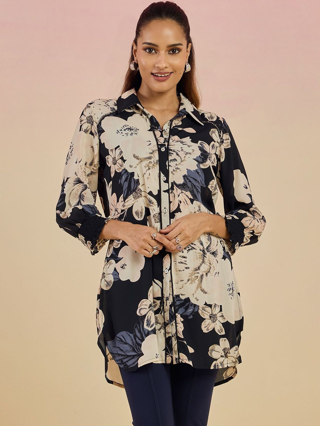 Lakshita Women Black Georgette Floral Printed Shirt