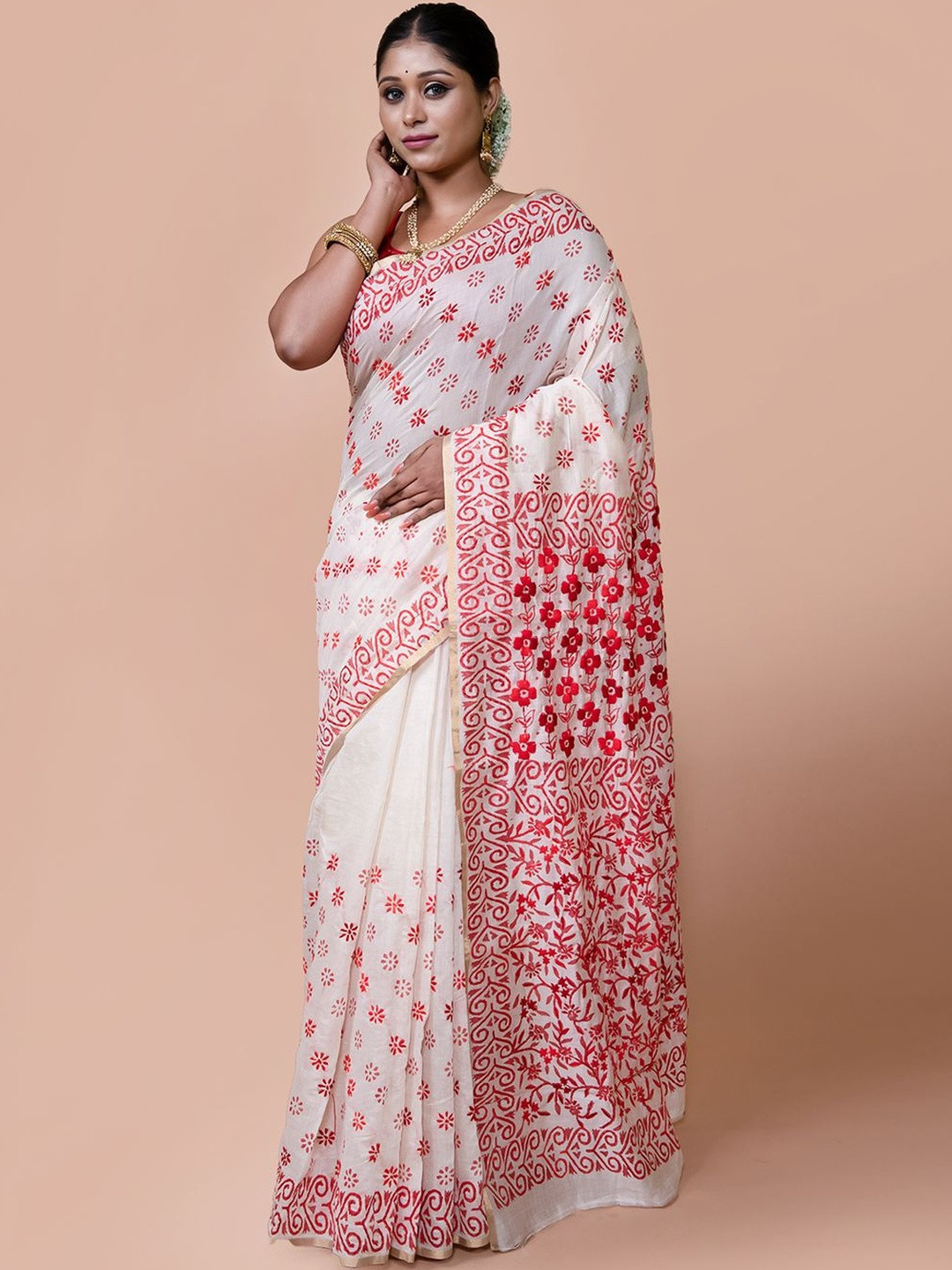 HOUSE OF ARLI Off White & Red Chanderi Silk Printed Woven Embroidered Kantha Stitch Saree