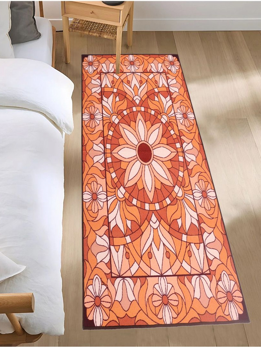 MODEFE Orange & White Ethnic Motifs Printed Anti-Skid Loop Pile Floor Runner
