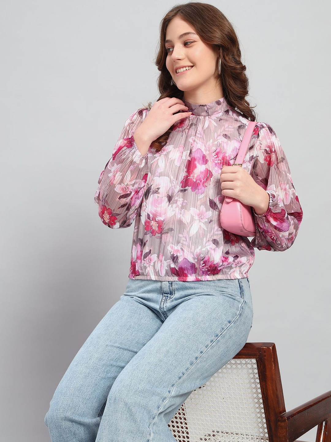 DressBerry Women Pink Chiffon Floral Print Top