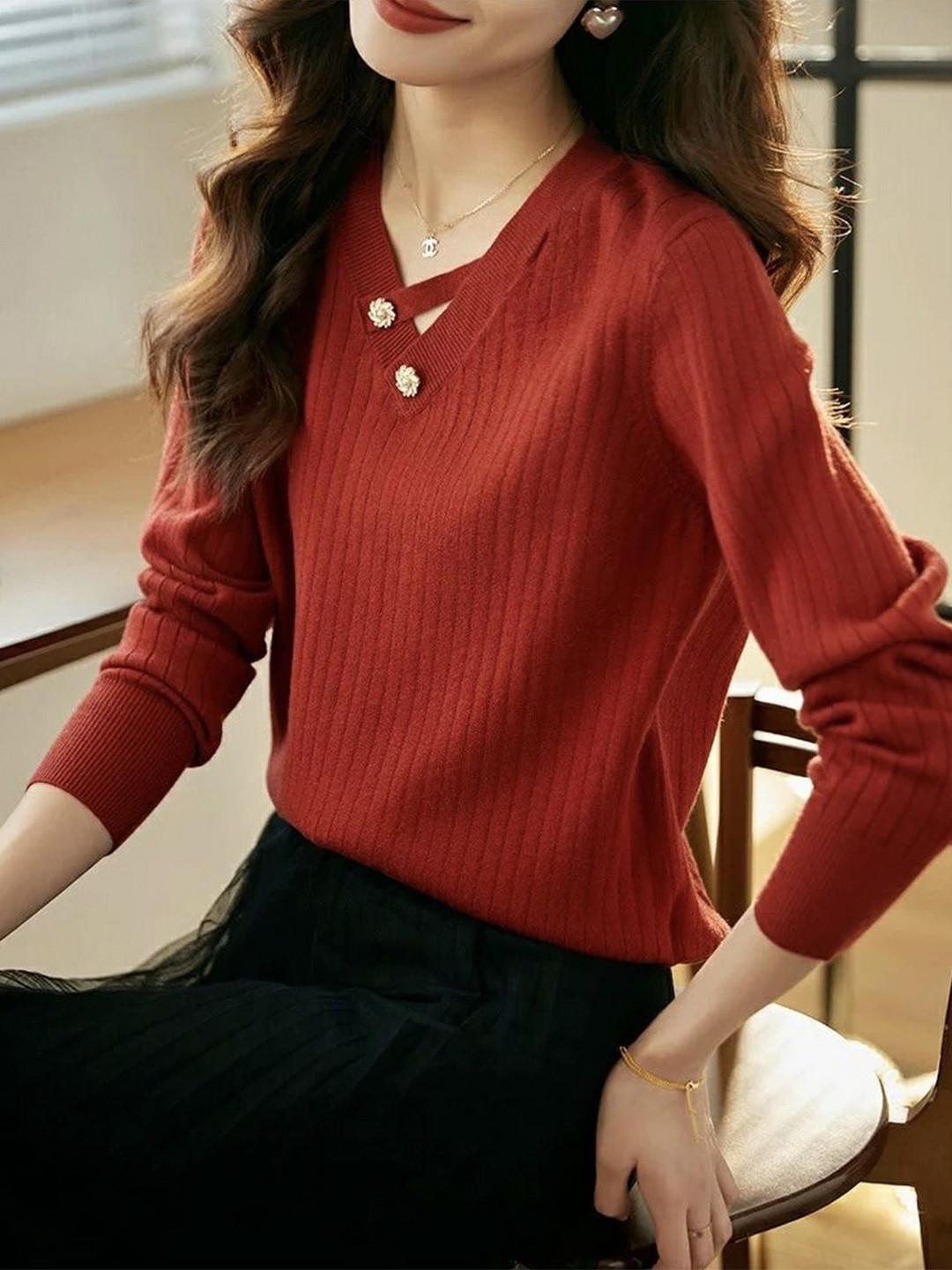 StyleCast Women Red V-Neck Ribbed Long Sleeve Top