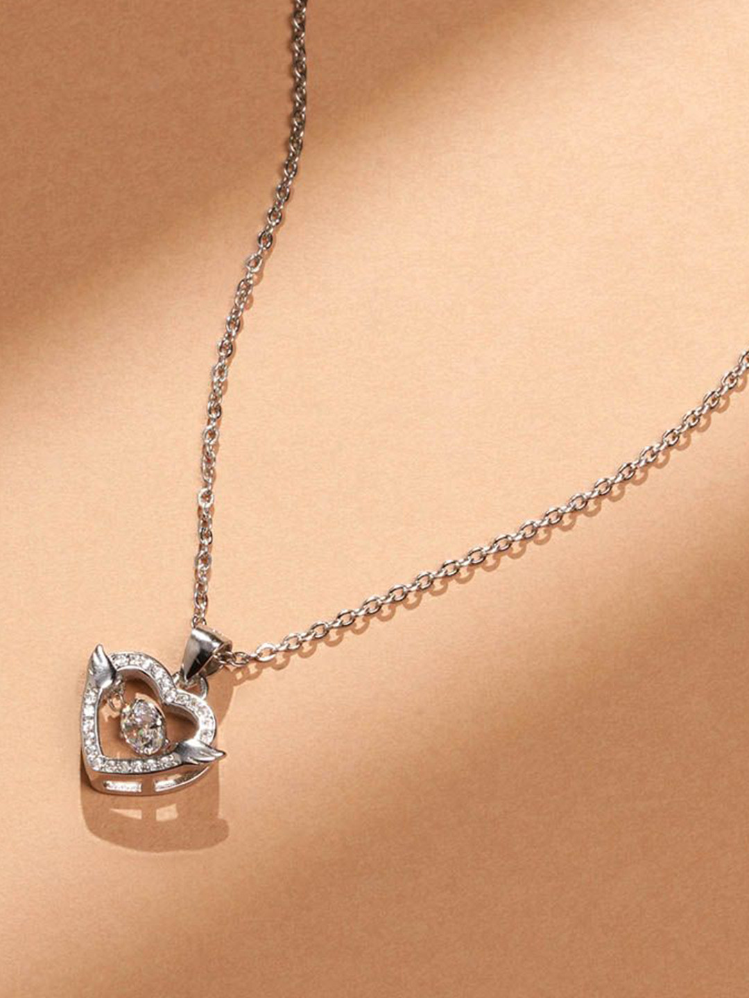 PALMONAS Women 925 Sterling Silver Rhodium-Plated Love Locked Heart CZ Pendant With Chain