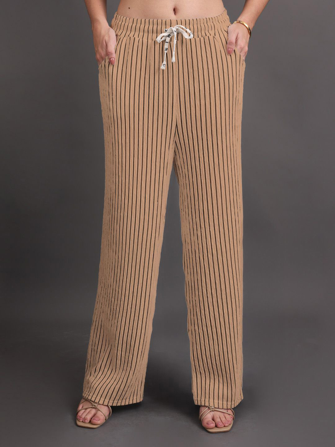 GRACIT Women Vertical Striped Knitted Crepe Palazzos