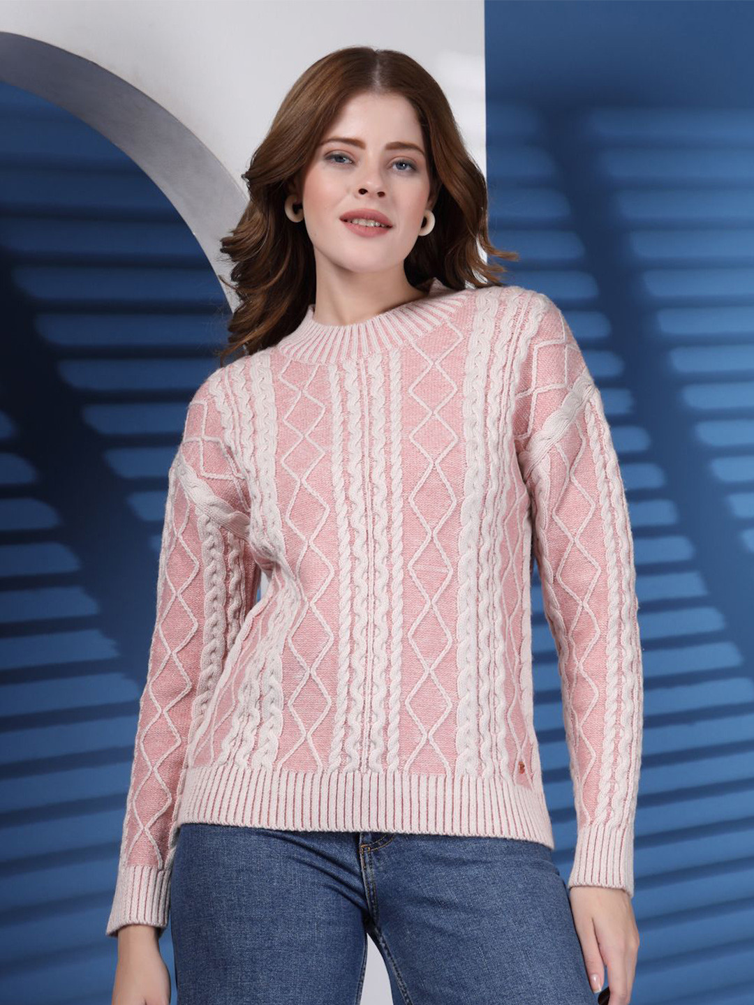 Thirty Threads Women Cable Knit  Mock Collar Woollen Pullover