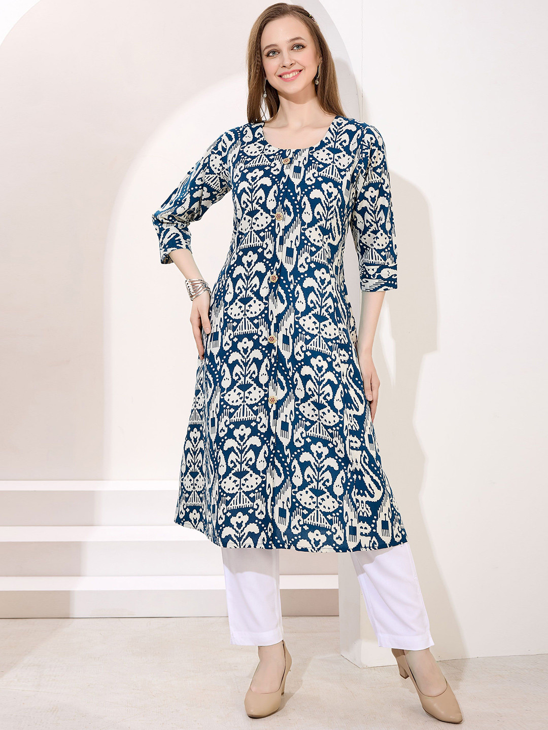 keshubaba Printed Linen Cotton Princess Cut Kurta