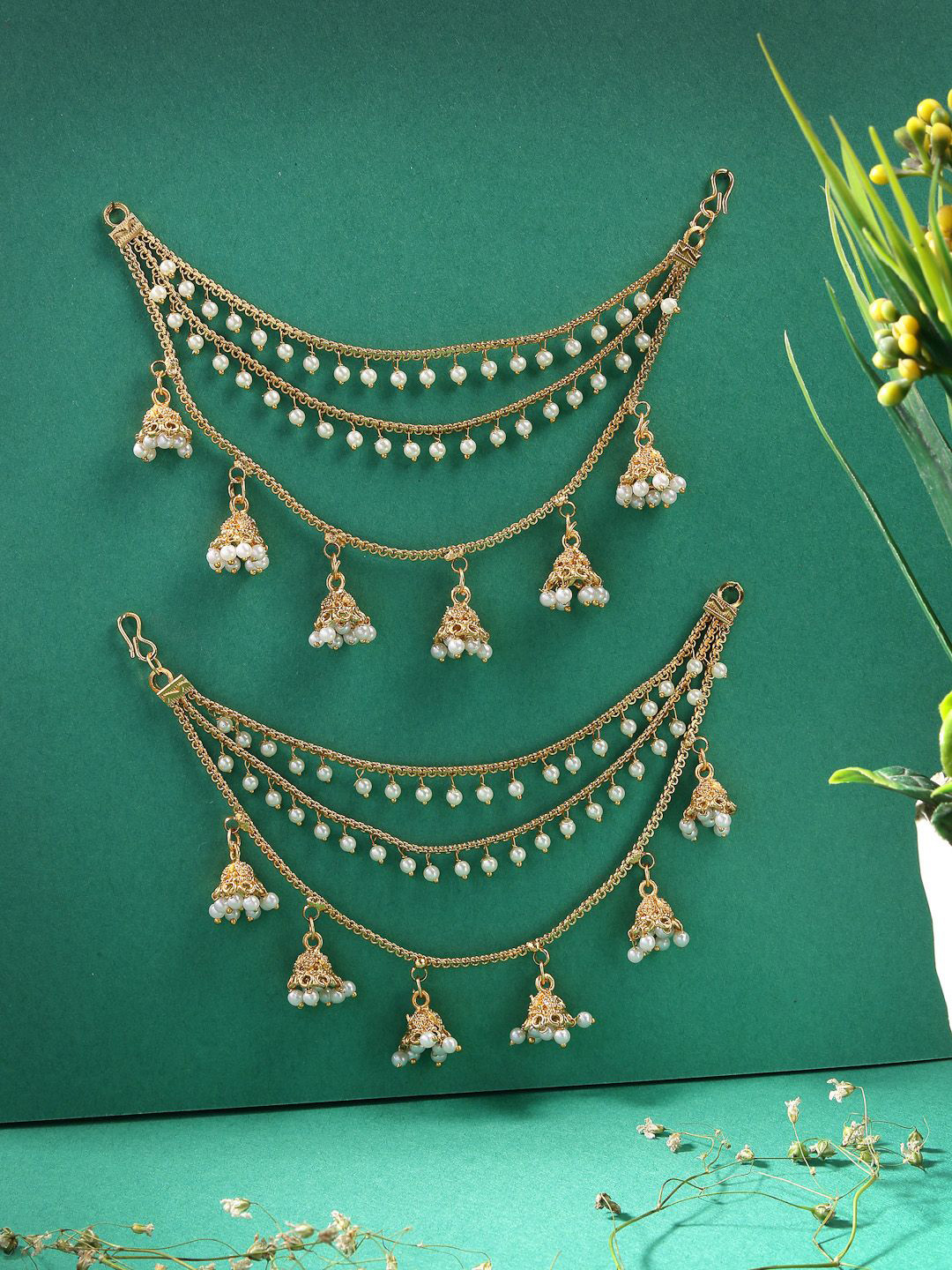Sukkhi Gold-Plated Pearls Beaded Dome Shaped Ear Chains