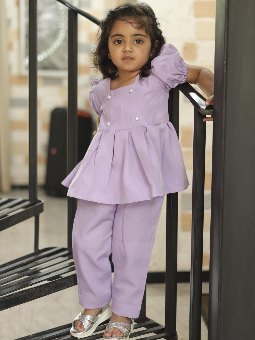 SPIN N TALES Girls Square Neck Puff Sleeves Peplum Dress