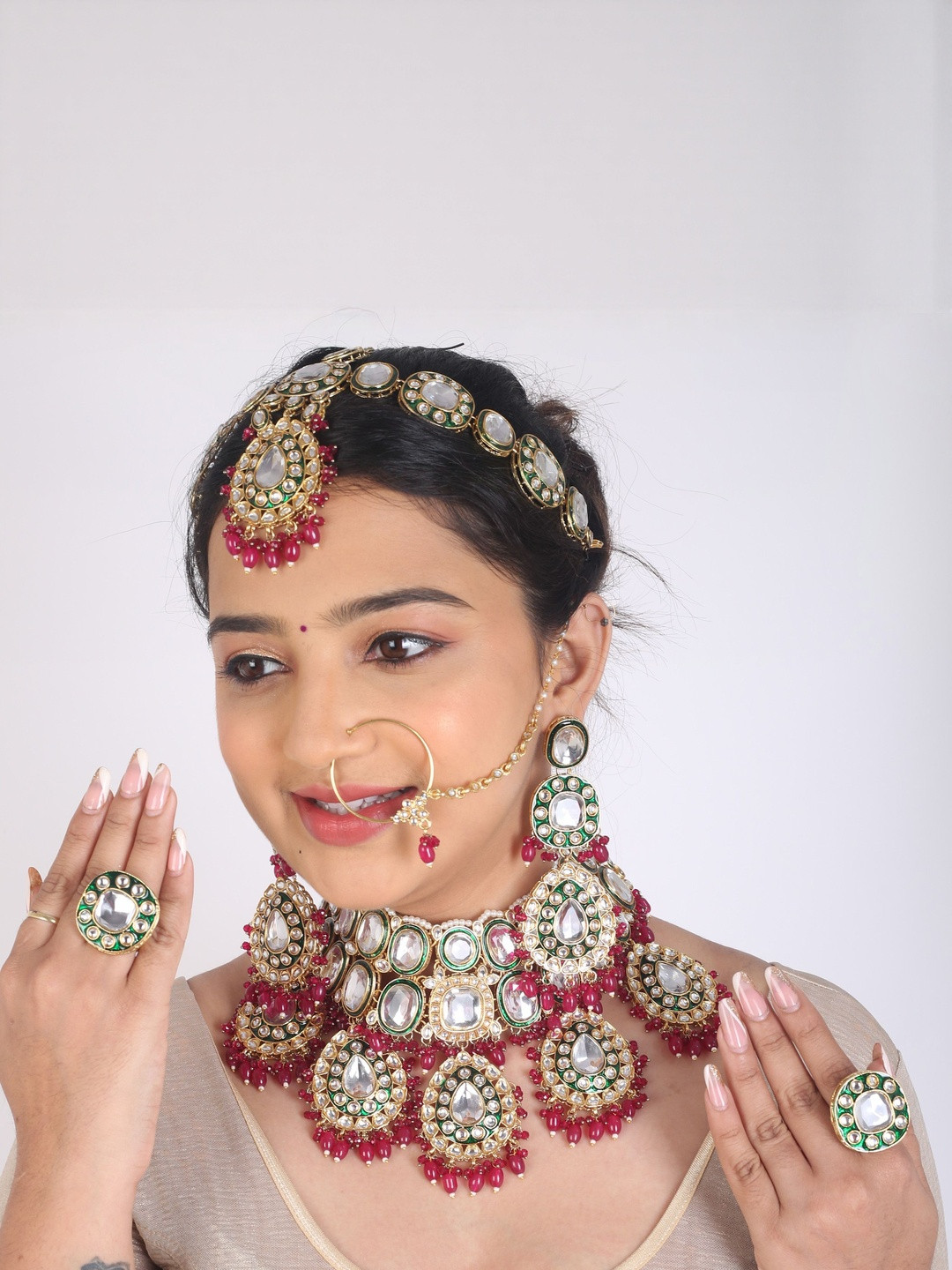 SAMC Women Pink Alloy Kundan Bridal Necklace Earring Matha Patti & Nose Pin Set