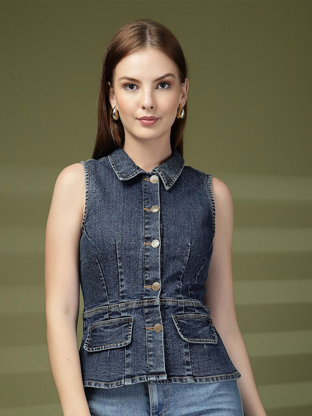 COSMIC TRIO Women Solid Slim Fit Denim Waistcoat Style Shirt