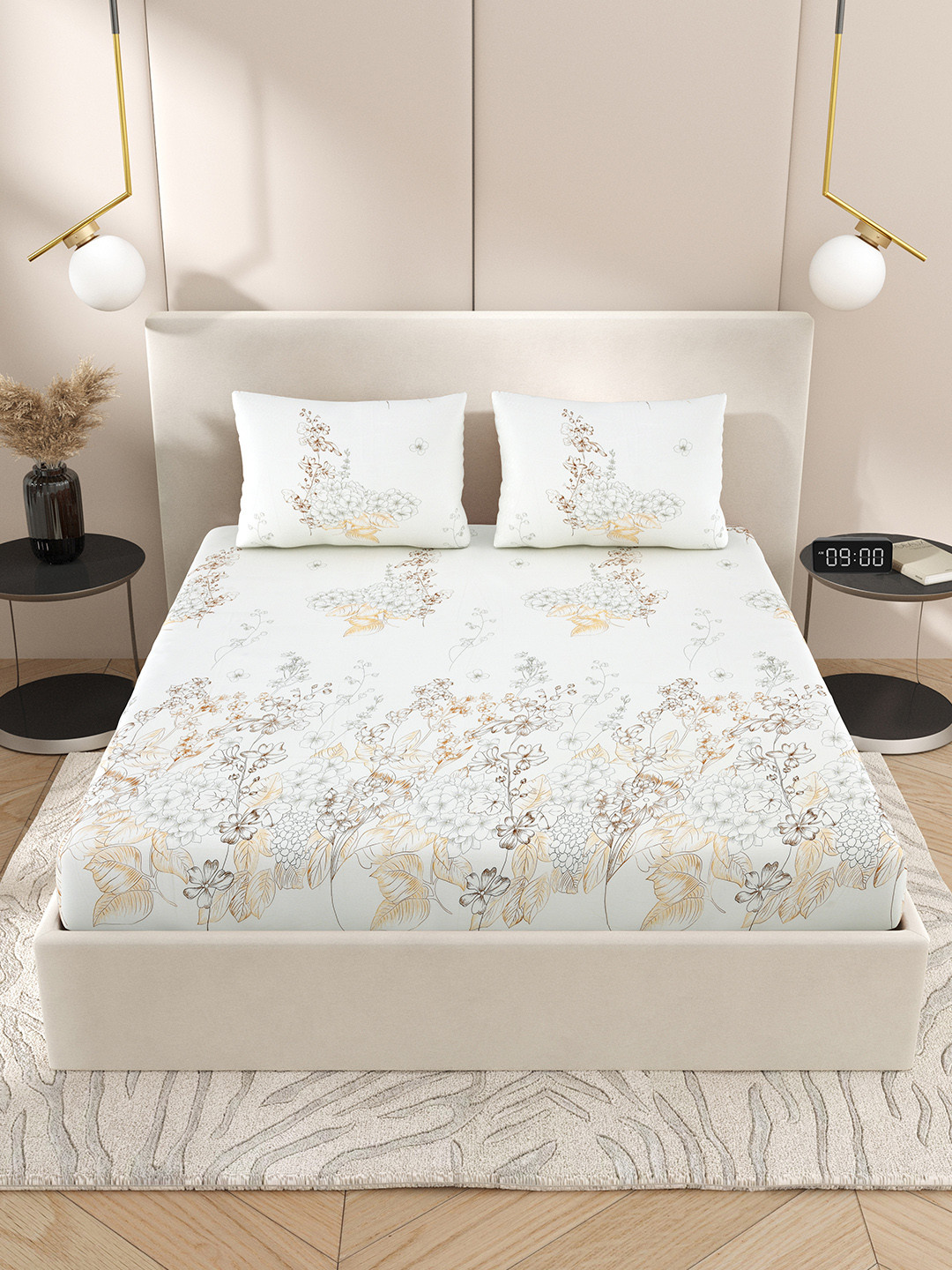 Jaipur Weaves Ethnic Collection Cream Floral Cotton 240 TC Fitted King Fine Bedsheet with 2 Pillow Covers-108 x 108 inches