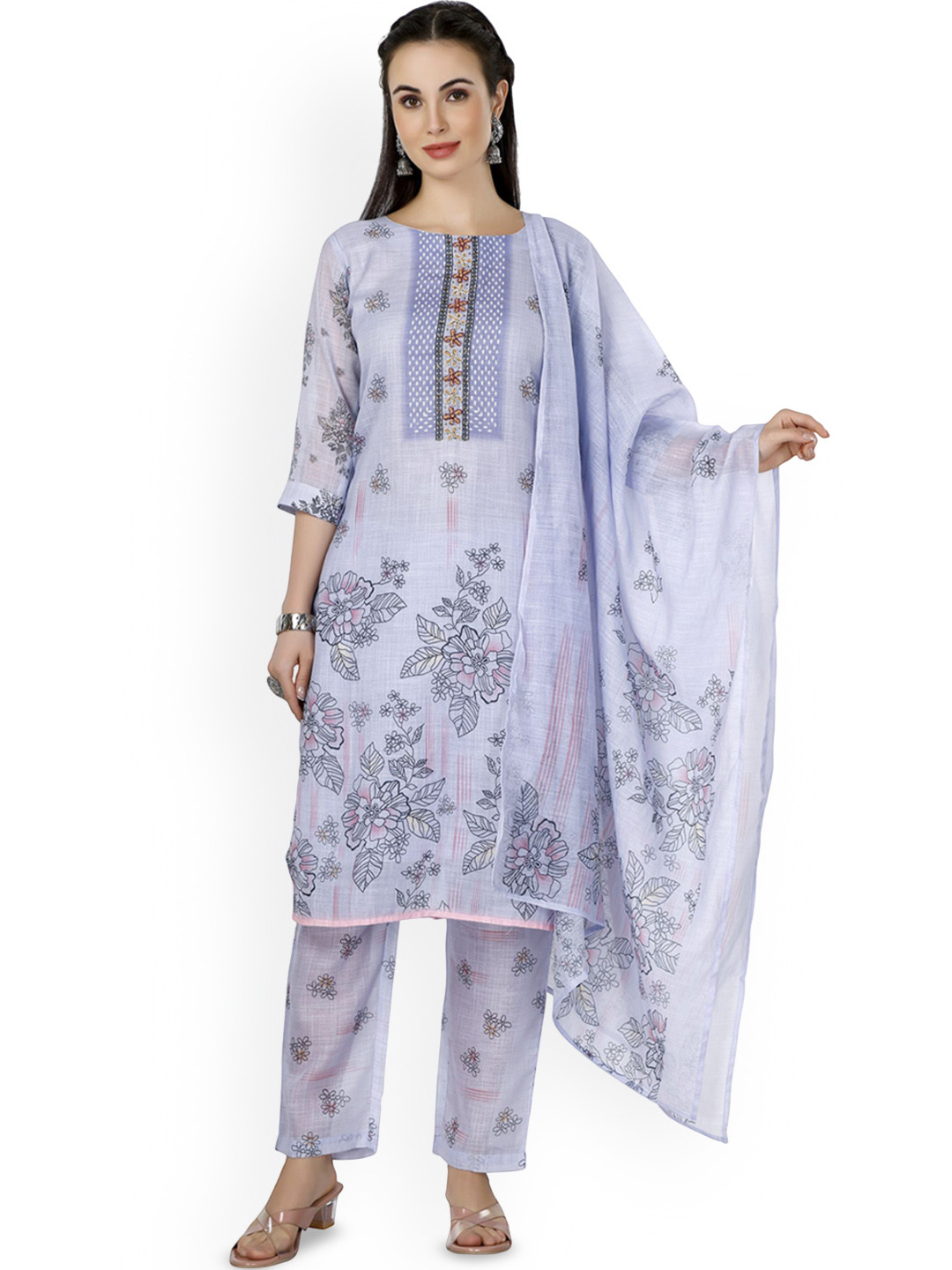 IRIS Women Floral Printed Silk Kurta with Trouser & Dupatta