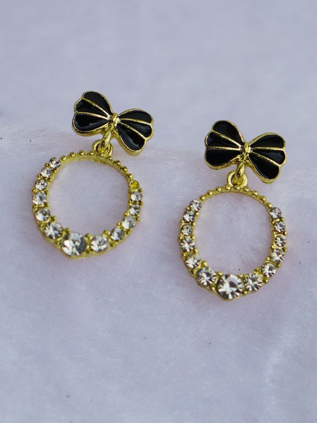 Gold Plated Black Bow Knot Drop Earrings