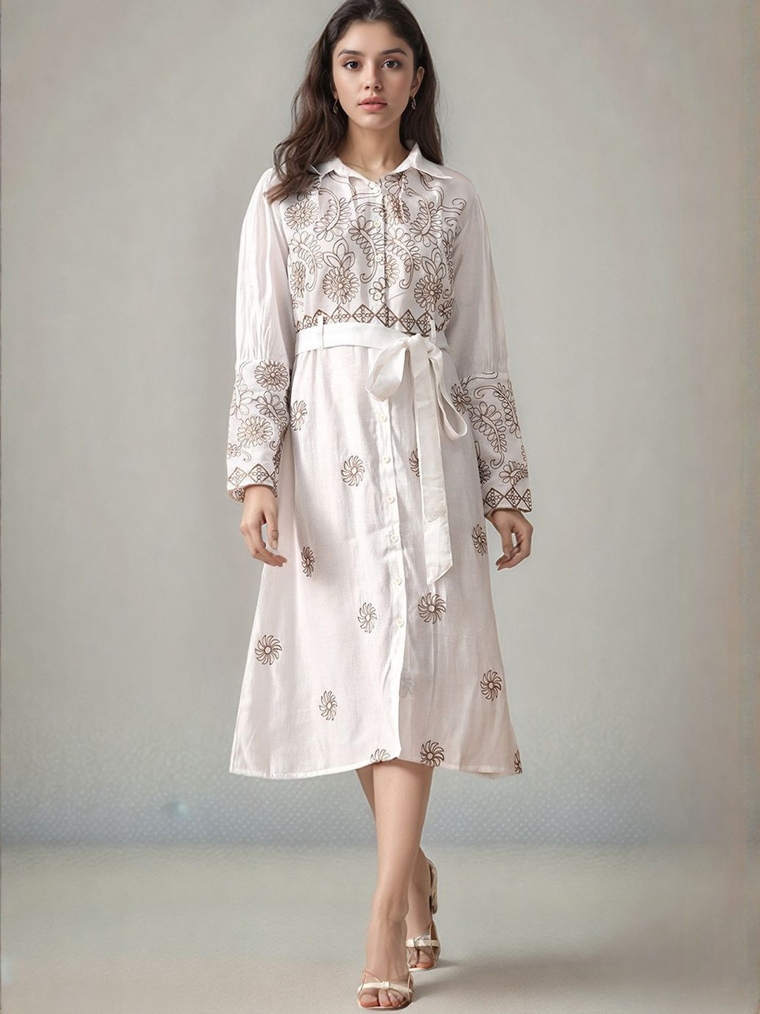 Roadster Women White Embroidered Shirt Dress Trendy Full Sleeves