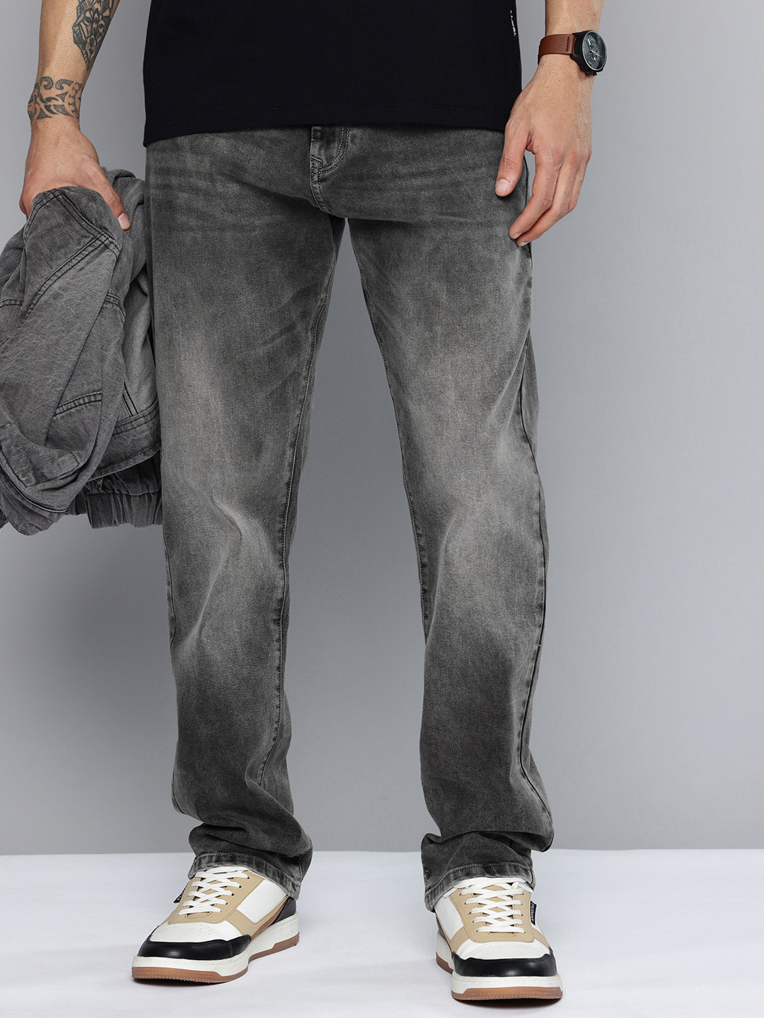 Mufti Men Bom063 Loose Straight Fit Heavy Fade Stretchable Jeans