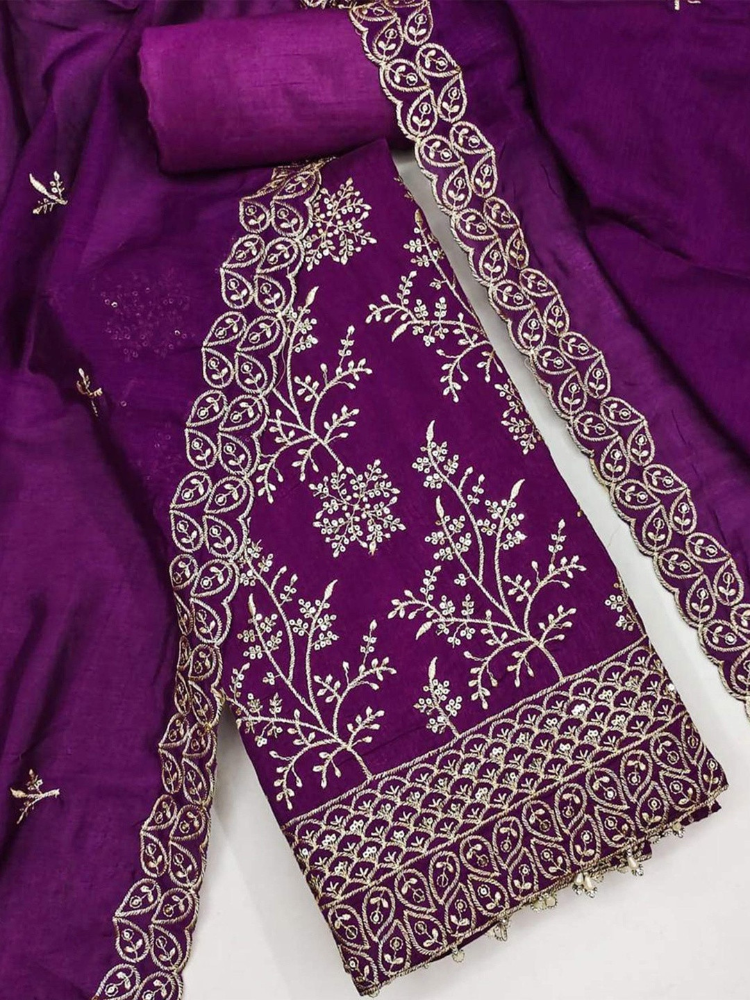 Purple Sequins and Thread Embroidery Unstitched Vichitra Silk Dress Material