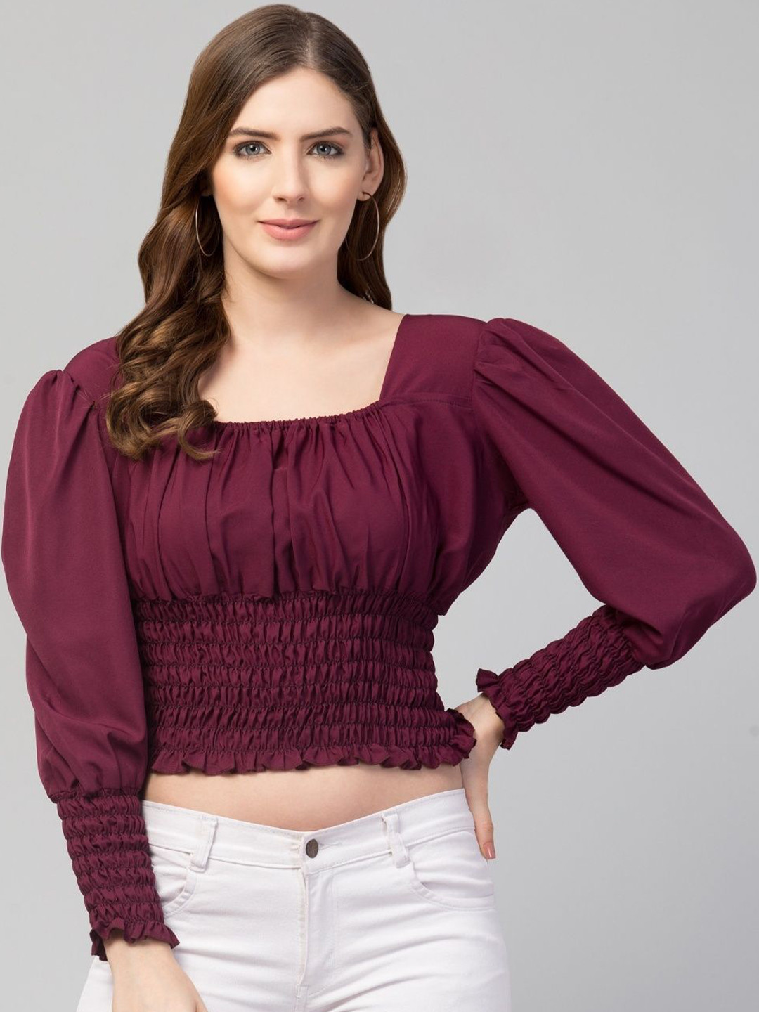 MEDHA INDUSTRIES Women Smocked Puff Sleeve Crop Top