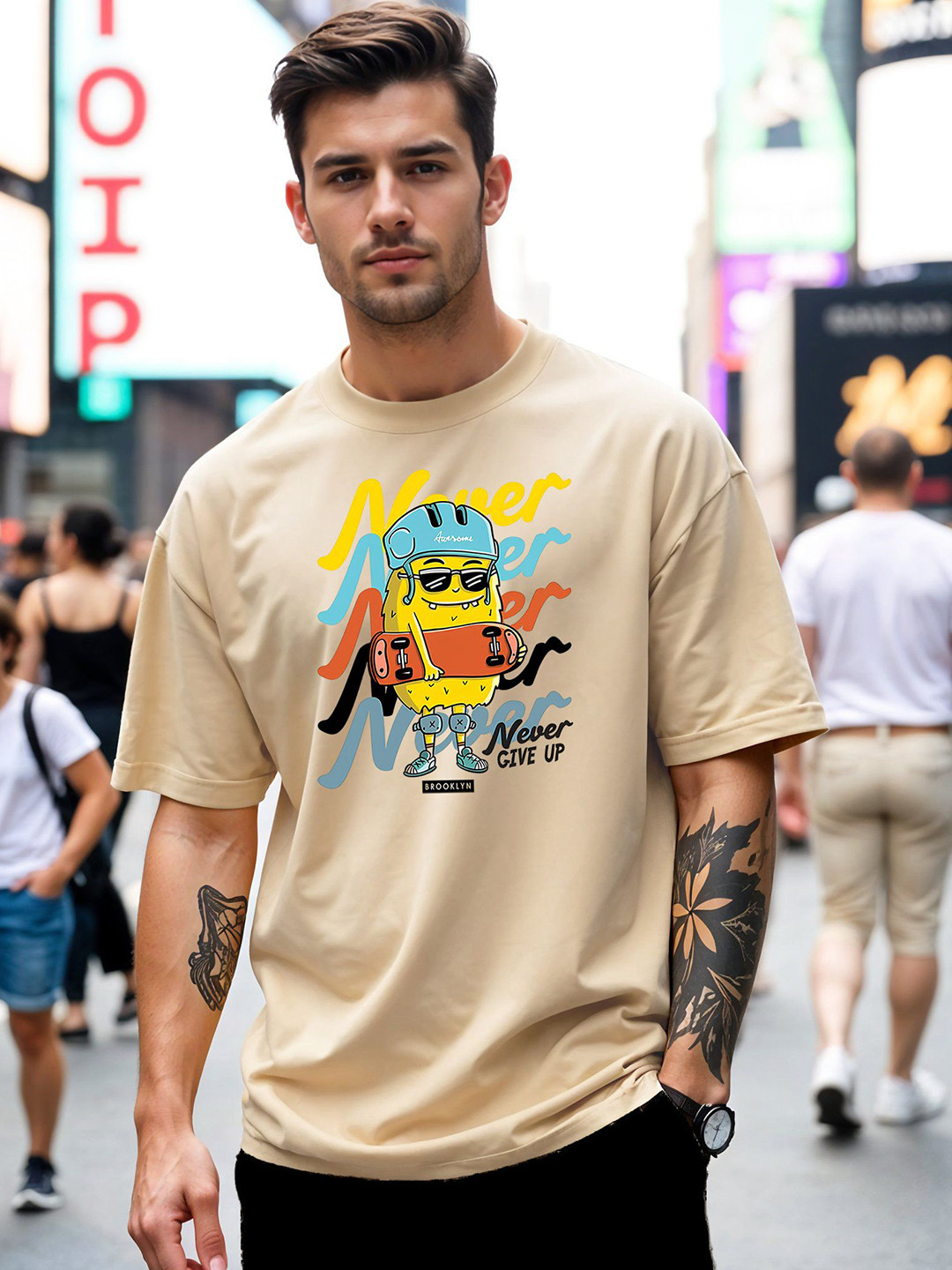 MaverIQ Men Sponge Bob Graphic Printed Round Neck Cotton Oversized T-shirt
