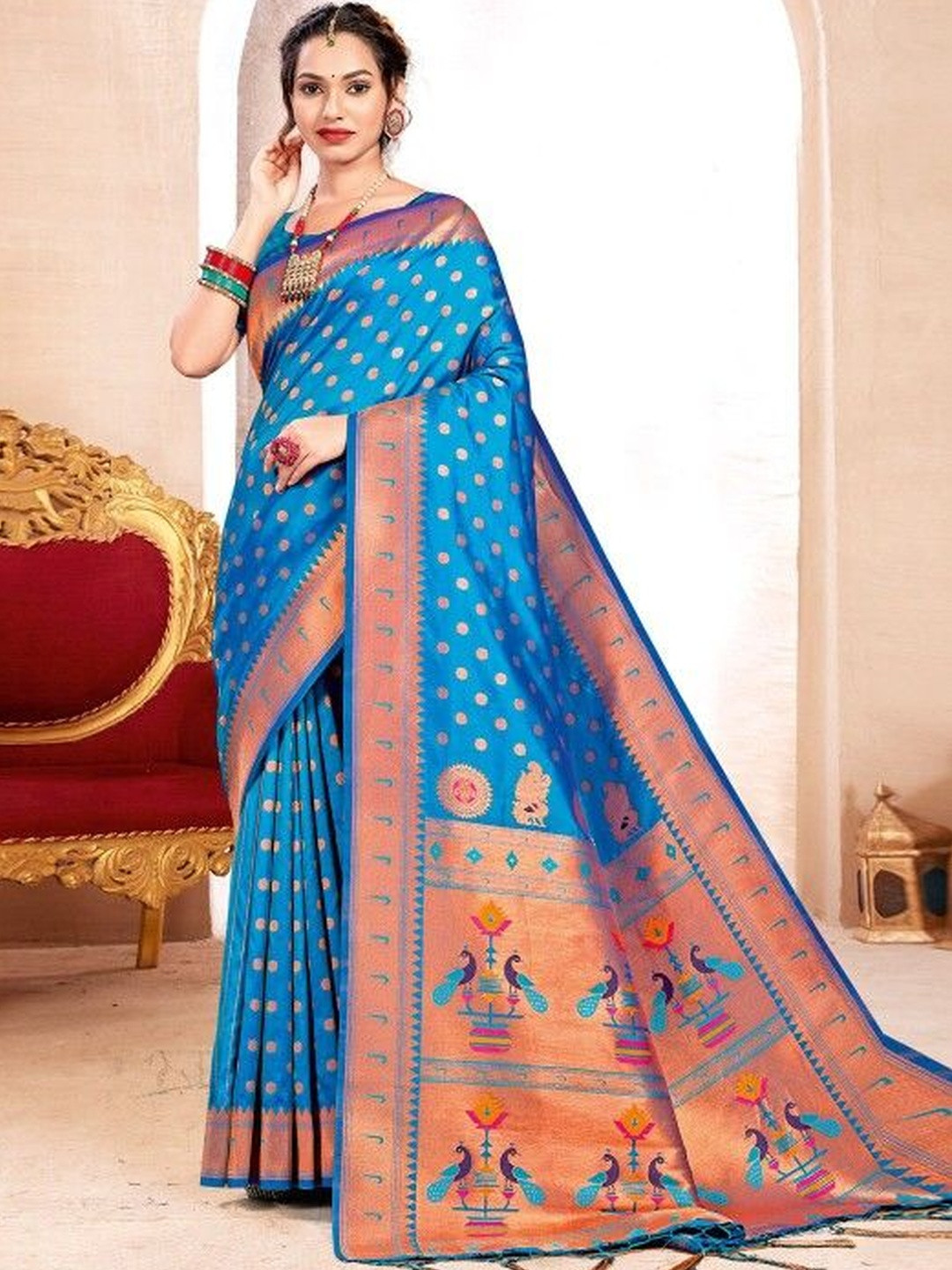 Mitera Polka Dots Woven Design Zari Paithani Saree With Matching Blouse Piece